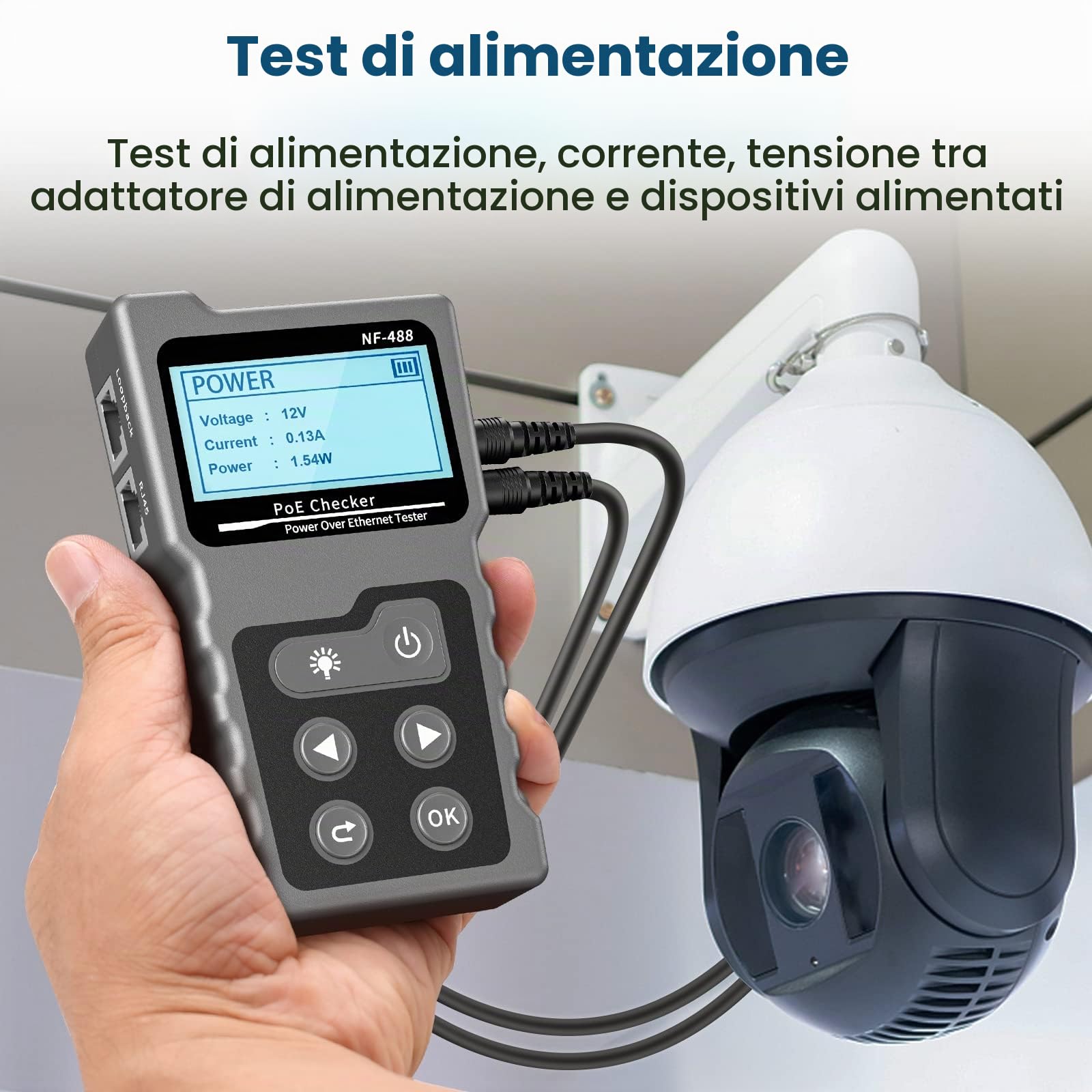 Tester per Cavi di RJ45 NF-488, per Verificare le Condizioni di Cortocircuito, Incrocio e Rottura dei Cavi di Rete Cat5/Cat6, Test di Tensione e Corrente, Tester di Rete con Funzione POE