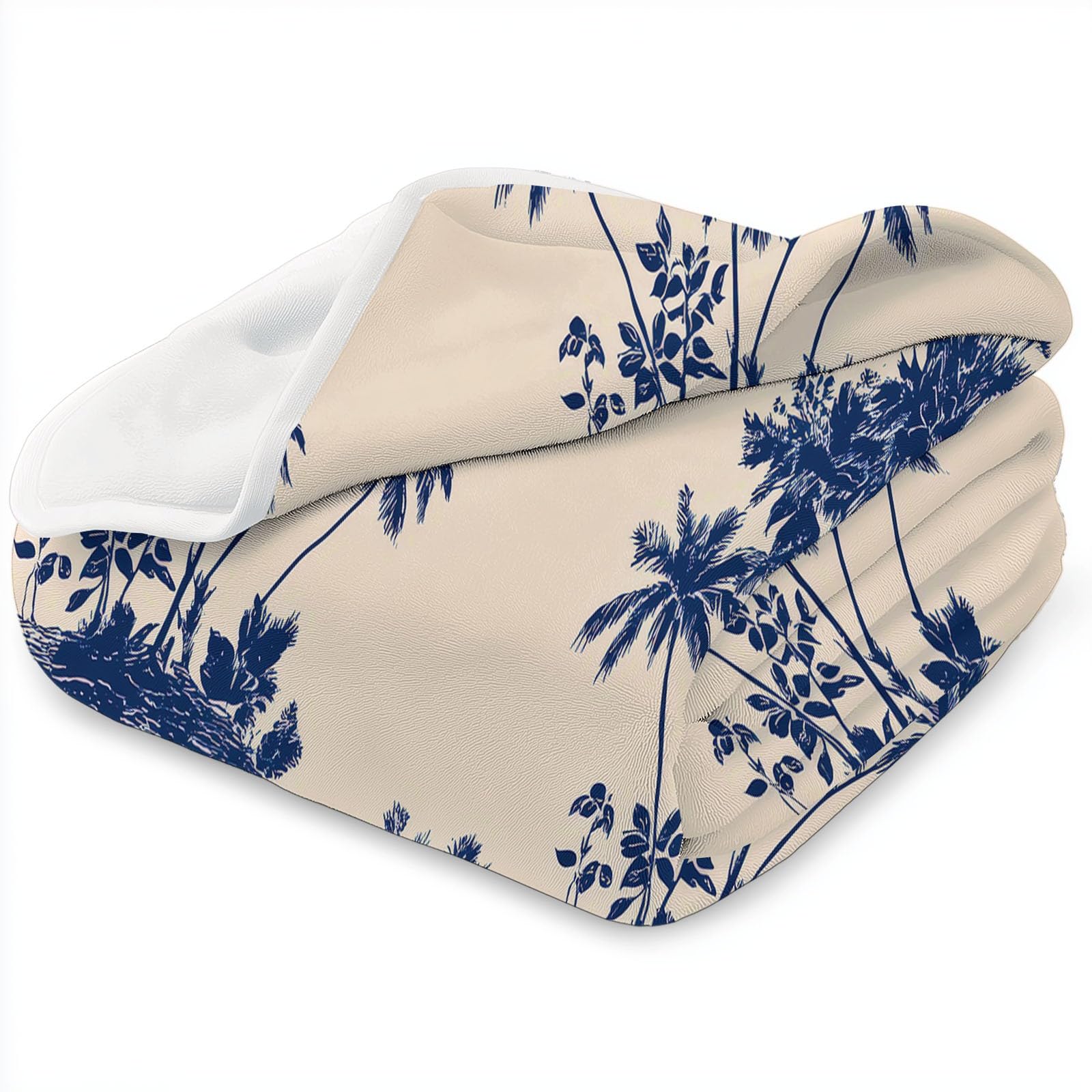 Genérico Manta de Forro Polar de Franela 220 x 240 cm, Beige Manta Estampada con Retro Minimalismo Plantas Palmeras - Invierno Calentitas para Niñas Niños Adultos