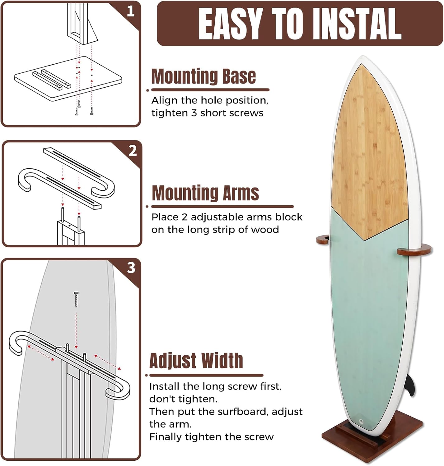 Surfboard Stand Rack, Adjustable Vertical Surf Board Rack with Floor-Standing Design, Storage & Display for Shortboard and Longboard, Beech Wood, Brown