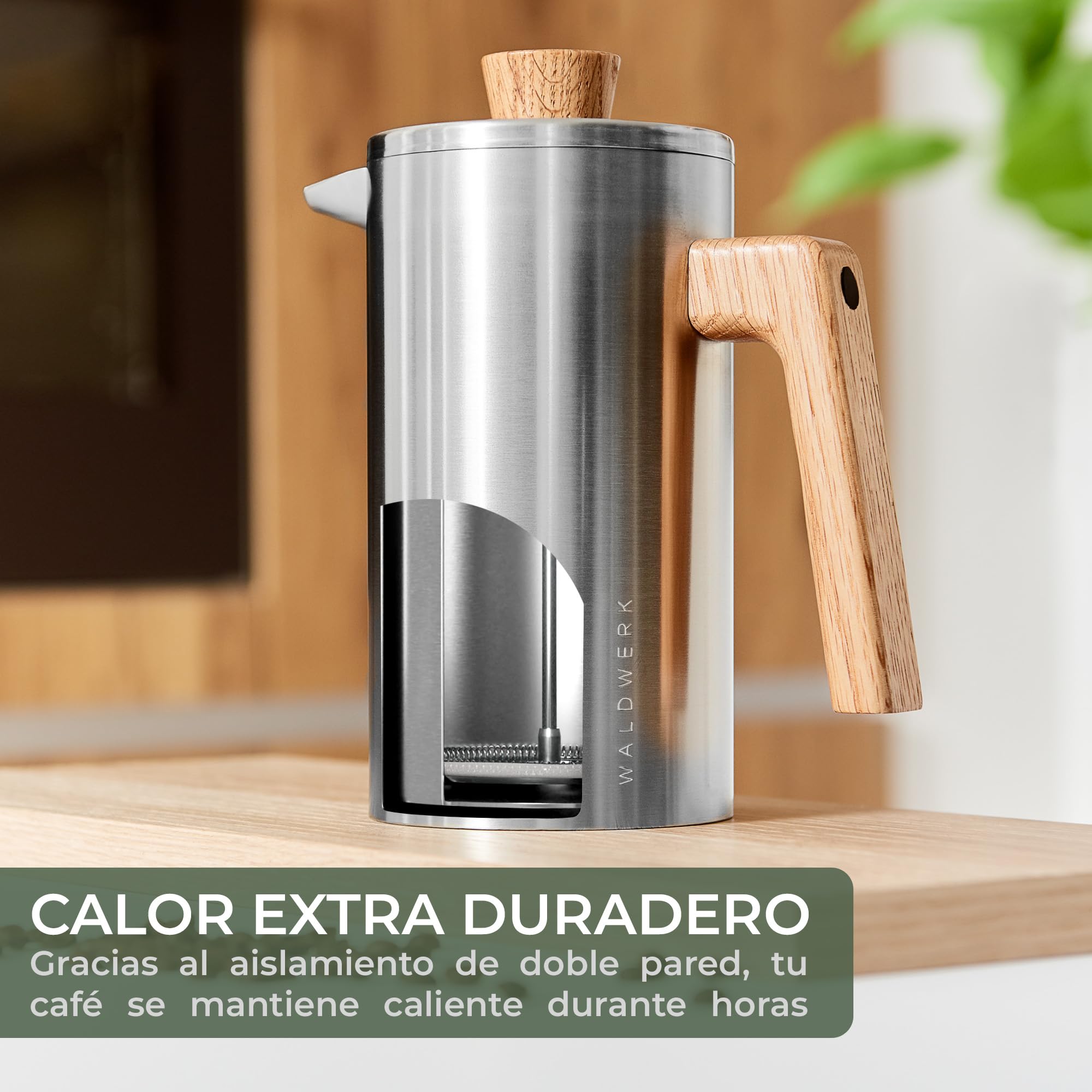 WALDWERK French Press (1L) - Cafetera francesa de acero inoxidable de doble pared con mango de madera de roble - Cafeteras de émbolo - Prensa francesa sin plástico - Cafetera manual
