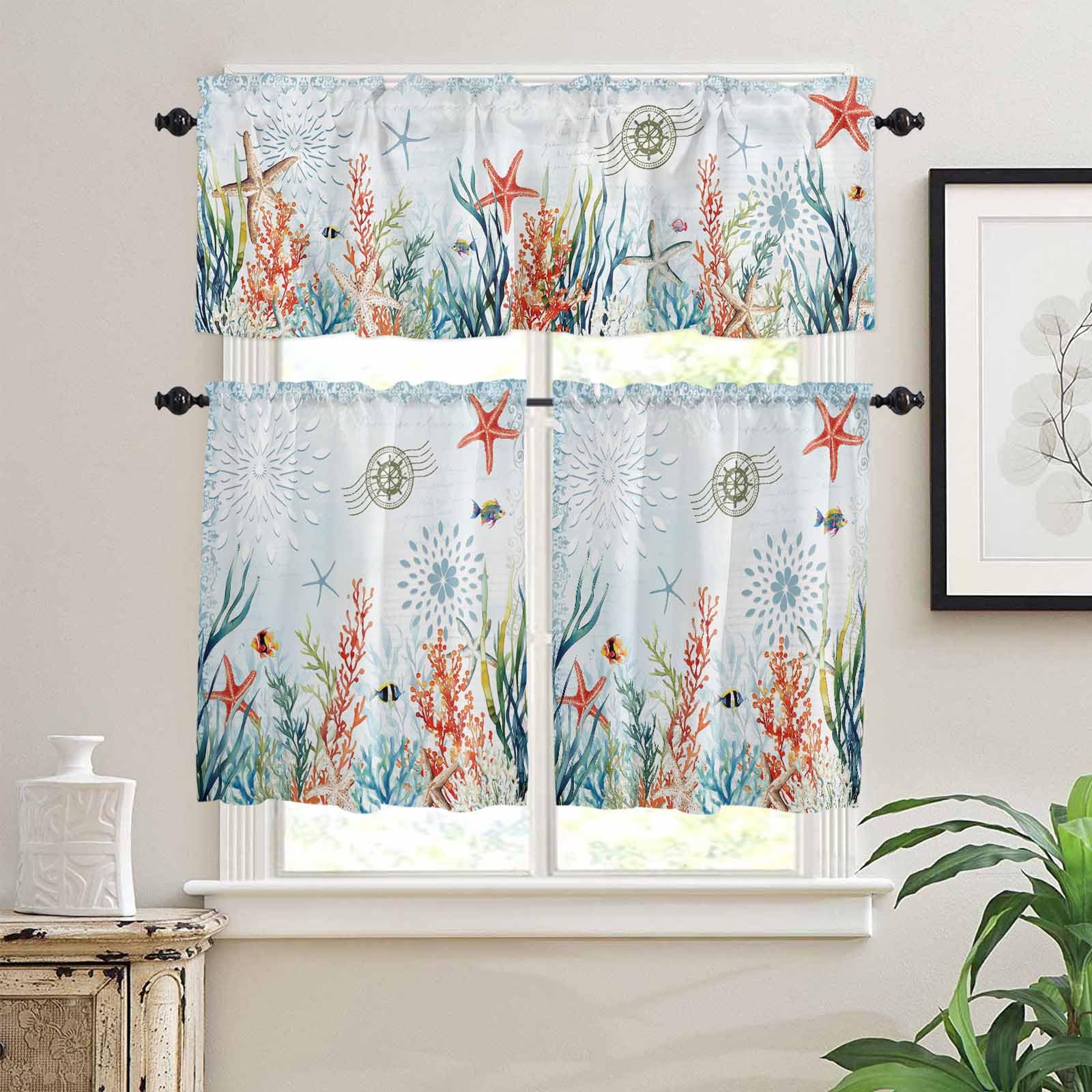 Coastal Blue Kitchen Curtains 36 Inch Length,3 Piece Rod Pocket Small Half Tiers and Valance Set,Ocean Coral Starfish Shell Nautical Seagrass Small Large Window Treatment Decor for Bedroom/Bathroom