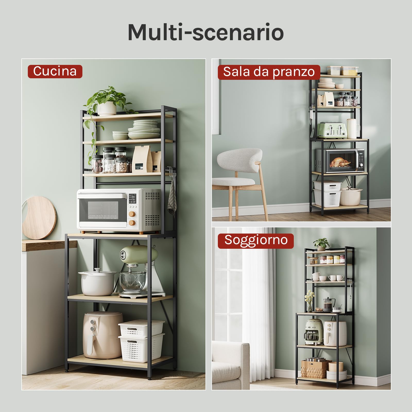 WOLTU Scaffale da Cucina con 6 Ripiani, Scaffale per Microonde con 6 Ganci, Struttura in Metallo, Legno Ingegnerizzato, 60x40x167cm, Rovere Chiaro+Nero