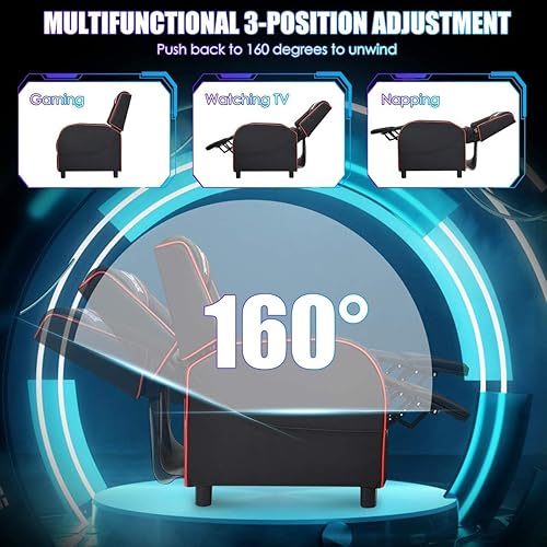 Miniatura 4 de BUSHLY - Silla reclinable ajustable para juegos, sofá individual de masaje estilo carreras con reposacabezas y almohada lumbar, sillón reclinable de