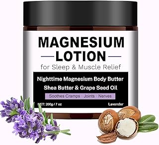 Magnesium Lotion for Sleep & Muscle Relief - Nighttime Magnesium Body Butter with Lavender, Shea Butter & Grape Seed Oil - Soothes Cramps, Joints & Nerves - Skin-Friendly & Kid-Safe, 7 oz