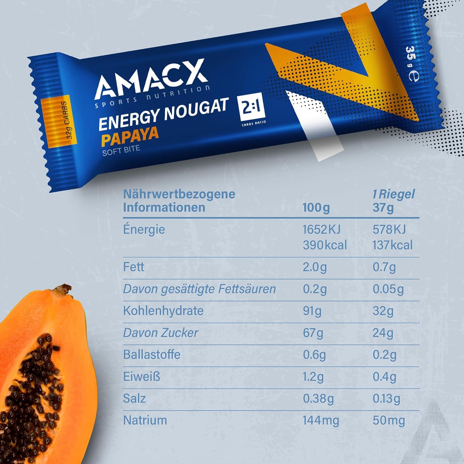 AMACX Barrita Energética de Nougat y Fruta – Pack de 12 – Healthy Snacks para Deportistas de Resistencia – Fitness Food con Glucosa y Fructosa – 32g de Carbohidratos (Paquete de 12, Papaya)