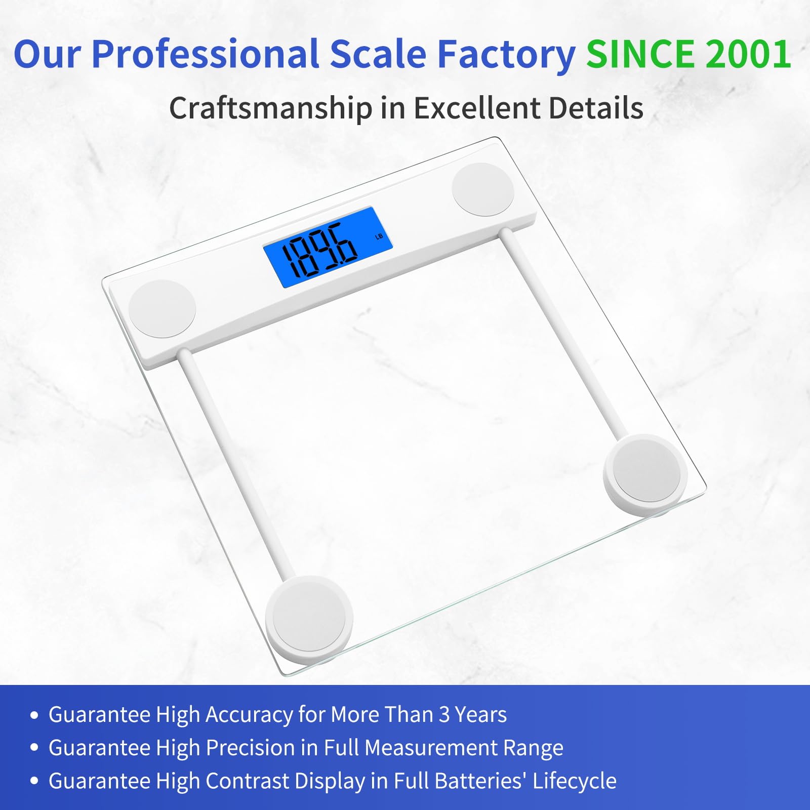 Homebuds Digitale Personenwaage, Hohe Präzision Zugesichert durch professionelle waage personenpersonen fabrik SEIT 2001, LCD mit Blauer Hintergrundbeleuchtung und Step-On, 2*AAA, 182kg, Klares Glas
