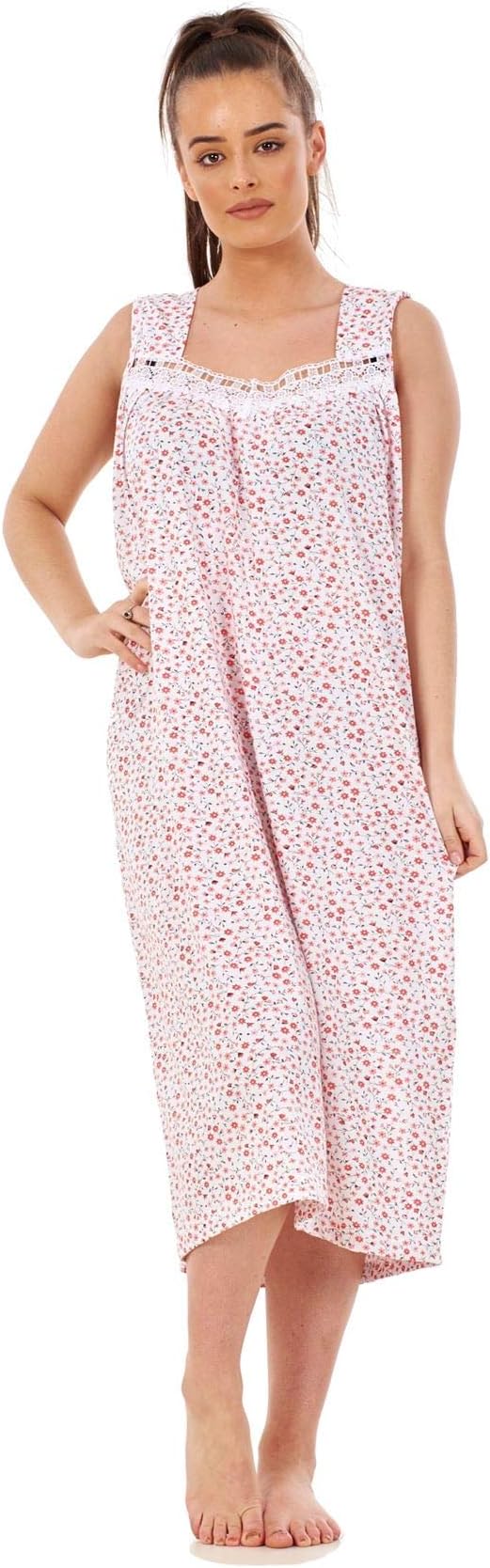 Ladies Plus Size Nightwear Floral Print 100% Cotton Sleeveless Long Nightdress