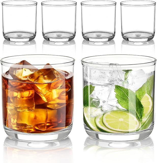 Kyraton Old Fashioned Whiskey Glasses Set of 6, PET Clear Plastic 340ml Heavy Duty Unbreakable Water Glasses Cup Tumbler Glassware for Beer, Juice, Milk, Scotch, Liquor Vodka, Bourbon, Cocktail.