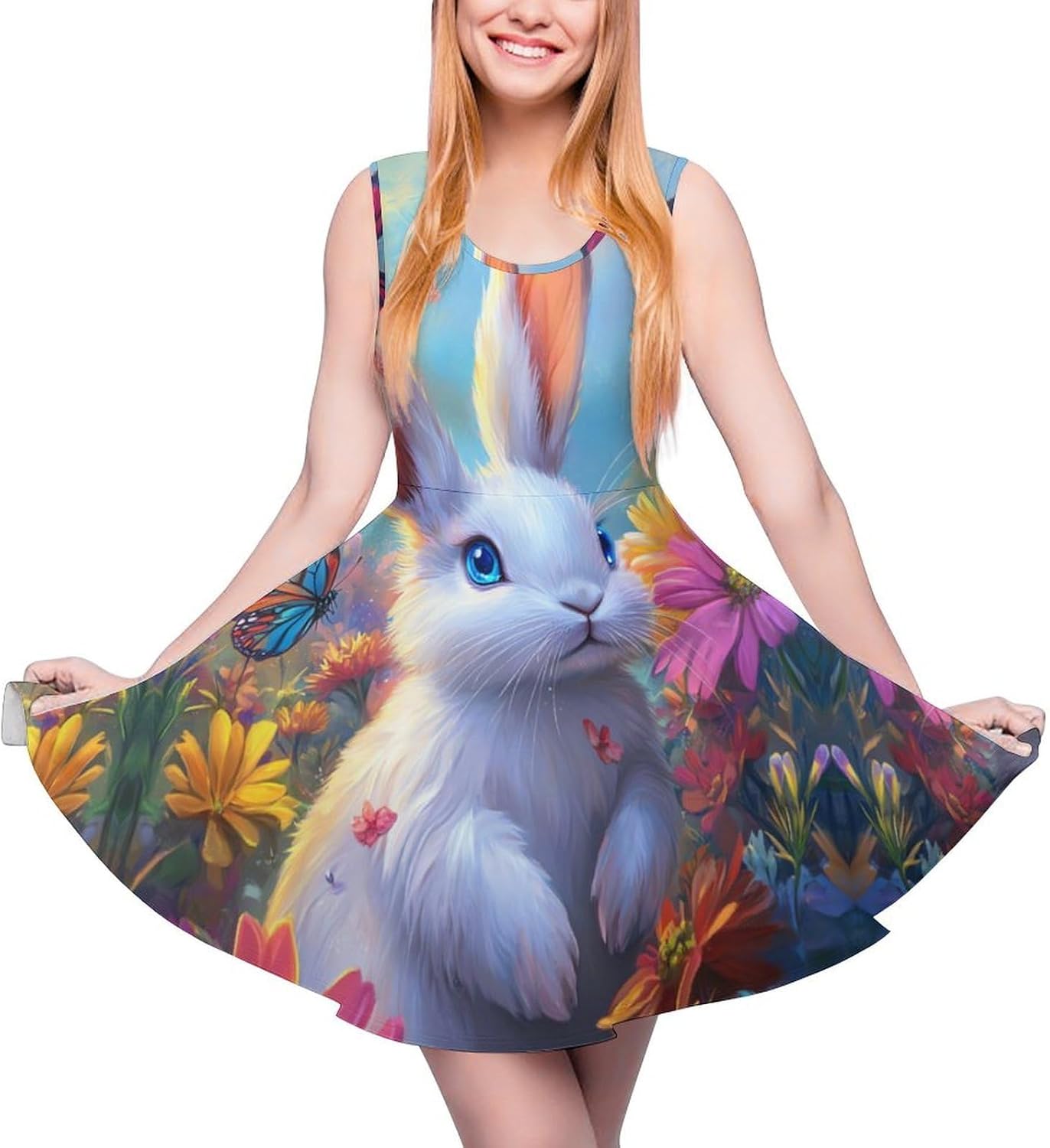 Cute Bunny Flowers Women's Dresses Round Neck Dress Sleeveless Tank Dress Ruffle Hem Sundress