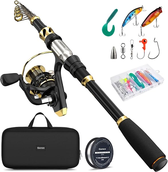 Gonex Canna da Pesca e Mulinello Combo Set di Canne Telescopica con Lenza, Kit di Esche da Pesca e Borsa per Il Trasporto - 1