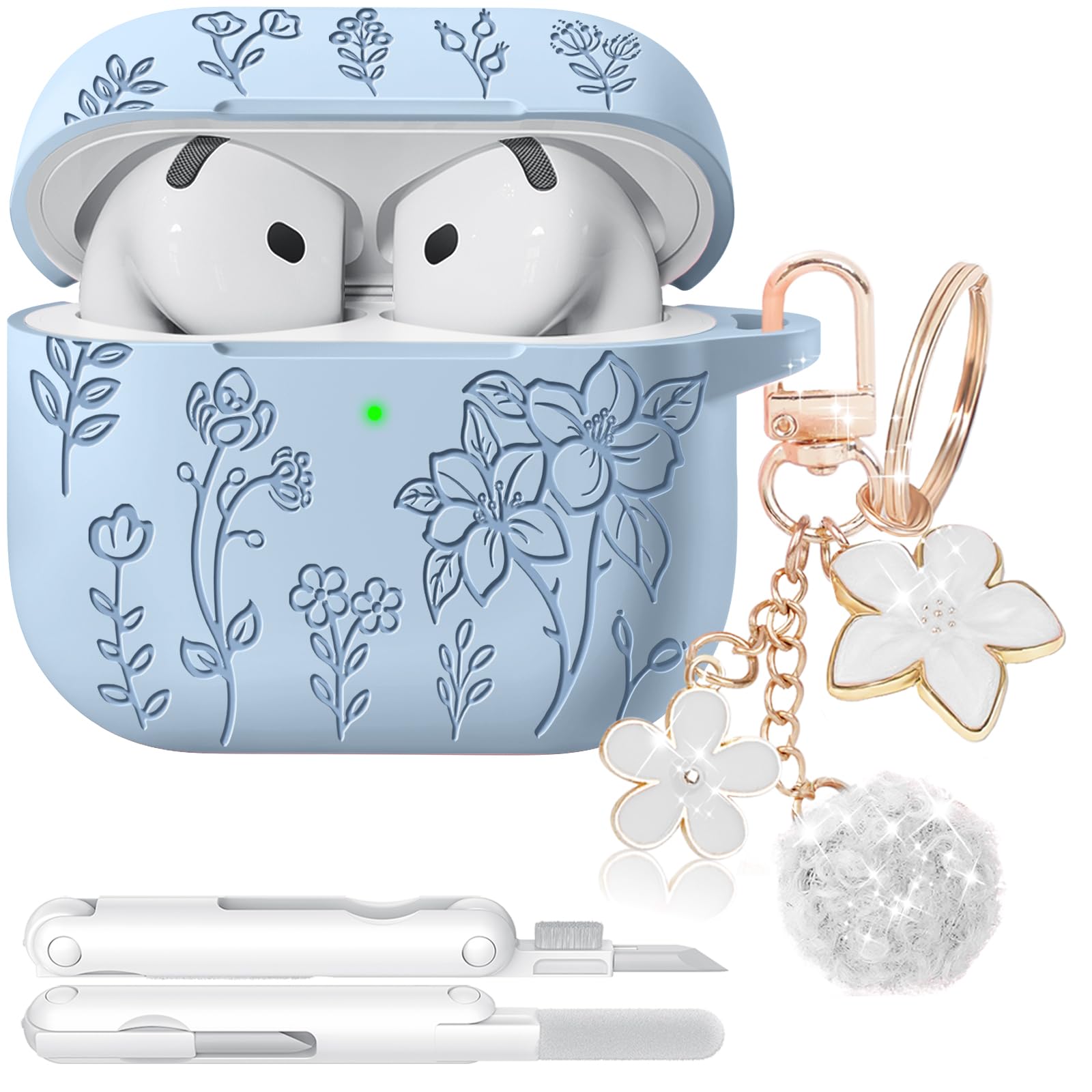 Ekoonpft for AirPods 4 Case, Soft Silicone Flower Engraved Airpod 4 Cases with Qute Keychain &amp; Cleaning Kit, Compatible with AirPods 4th Generation 2024 Cover for Women Girly, Anti-Scratch, Shockproof