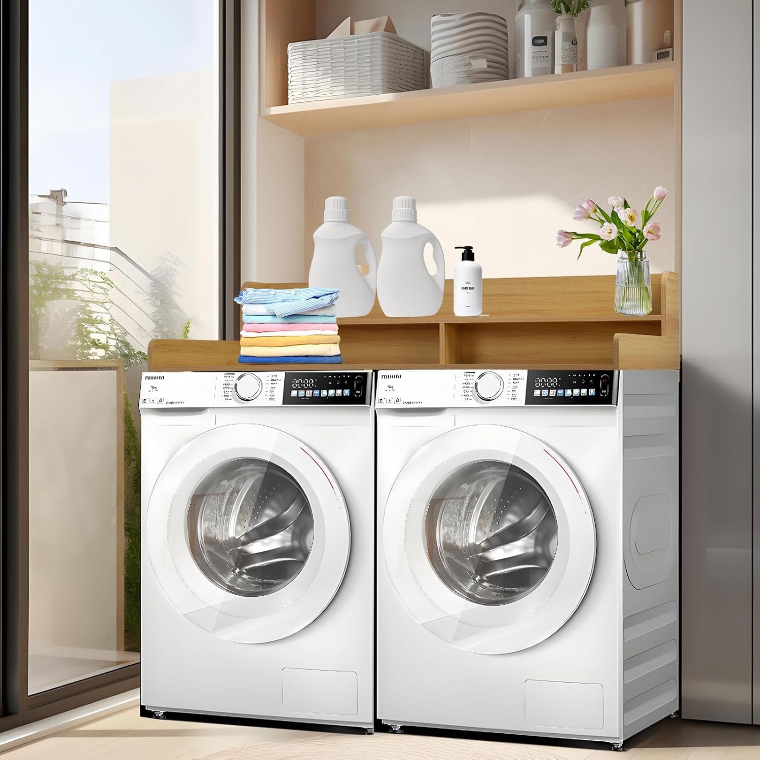 2-Tier Washer Dryer Countertop, Waterproof Laundry Countertop with Anti-Slip Mat, 54" W X 27.5" D Laundry Topper for Washer and Dryer, Ideal for Storing Supplies and Folding Clothes (Walnut wooden)