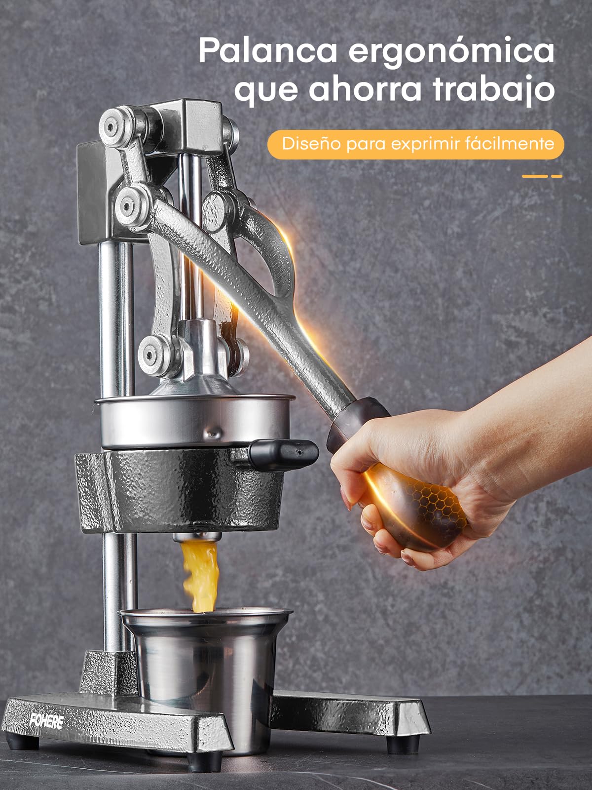 FOHERE Exprimidor Manual de Palanca de Hierro Fundido, Exprimidor de Limones, Naranjas y Granadas Profesional con Vaso de Acero Inoxidable de 400ml, Fácil de Limpiar