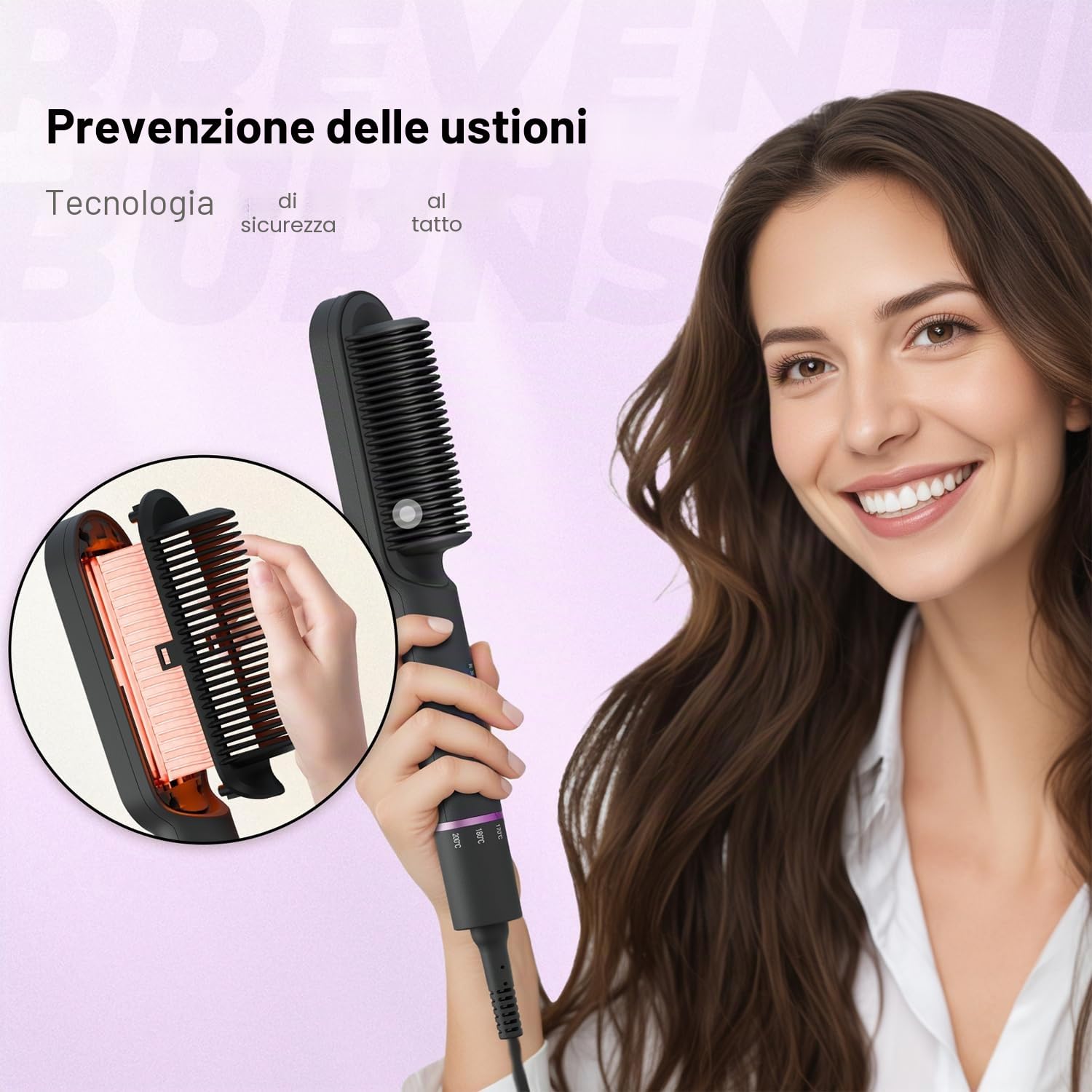 Spazzola Lisciante in Ceramica, Piastra per Capelli con Riscaldamento PTC in 25s, 5 Temperature Regolabili (140–200°C), Anti-Scottatura, Spazzola Termica per Styling Veloce