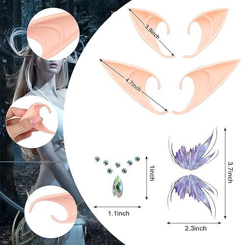 Miniatura 7 de Kit de cosplay para festivales, 8 hojas de gemas faciales, 2 pares de orejas de elfo, 2 hojas de tatuajes de mariposa, perfecto para raves,