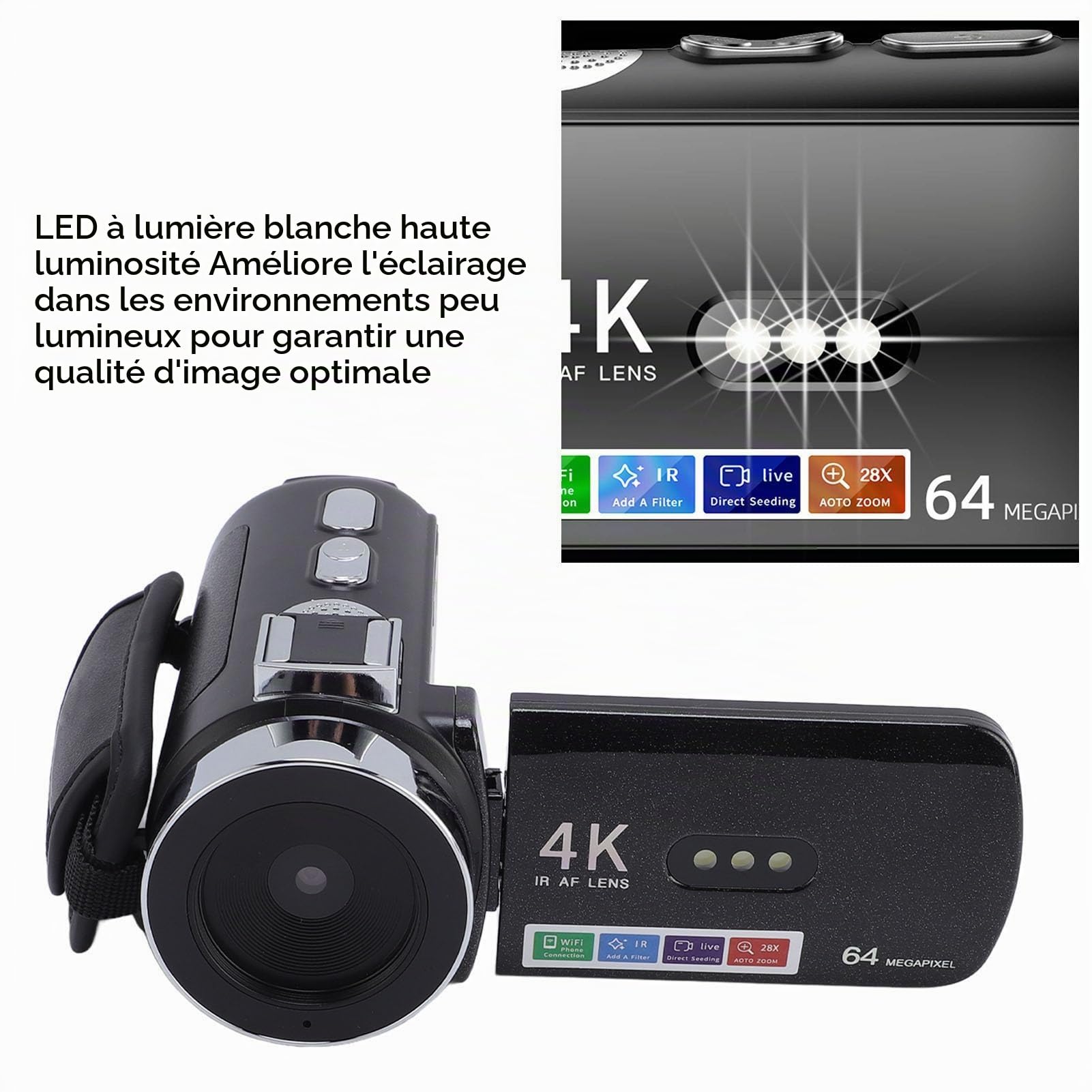 Fabater Caméra Vidéo, Caméscope Ultra HD 4K 64MP, Enregistreur de Caméra WiFi Vlogging 3 Pouces avec Zoom Numérique 28X, Vision Nocturne IR, Batterie de 4800mAh pour Youtube