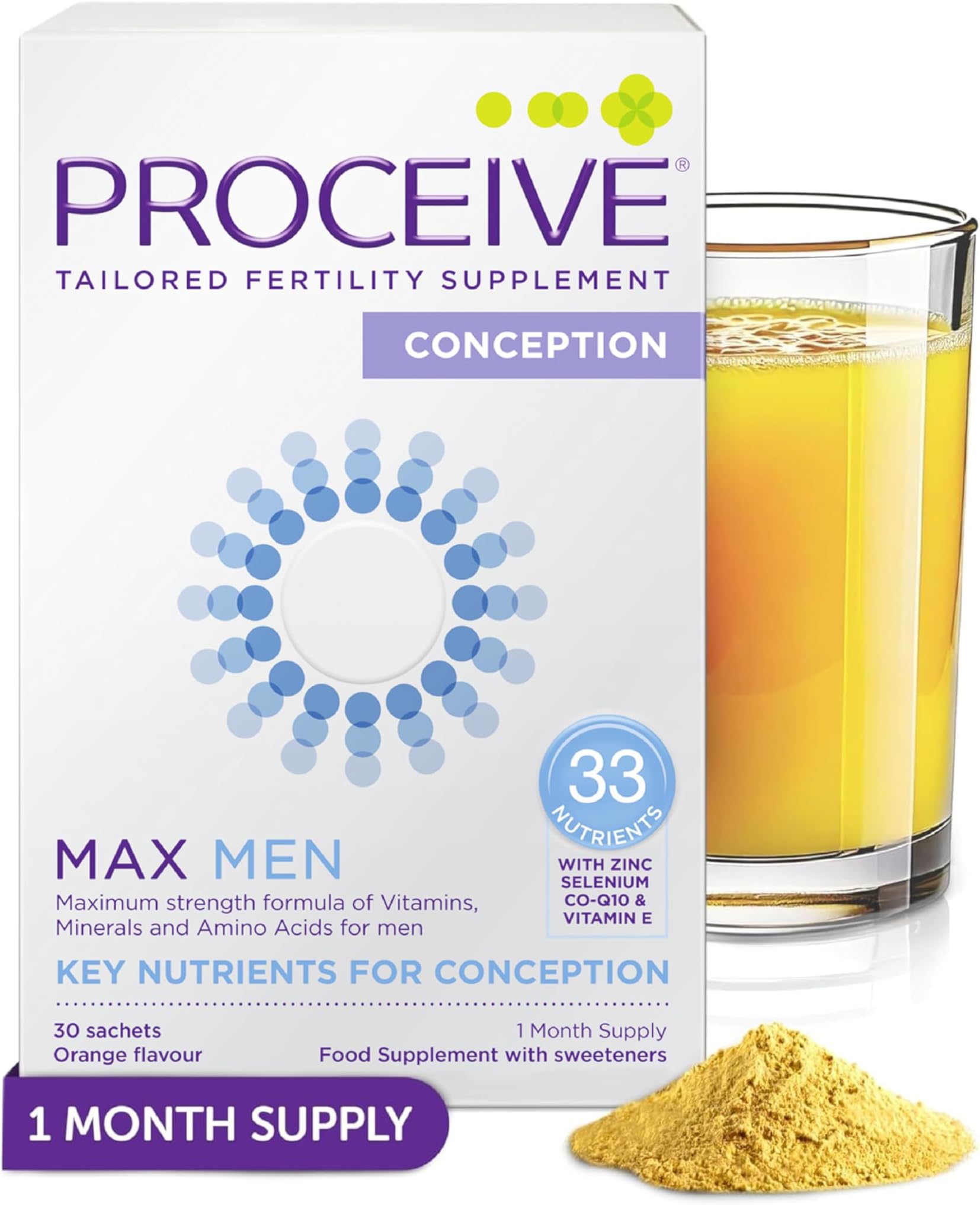 MAX Men- Fertility Supplement for Conception - Vitamins & Minerals for Men Trying to Conceive - Selenium, Zinc, Co Q10, Vitamin D - 30 Sachets (1 Month Supply) - Vegan