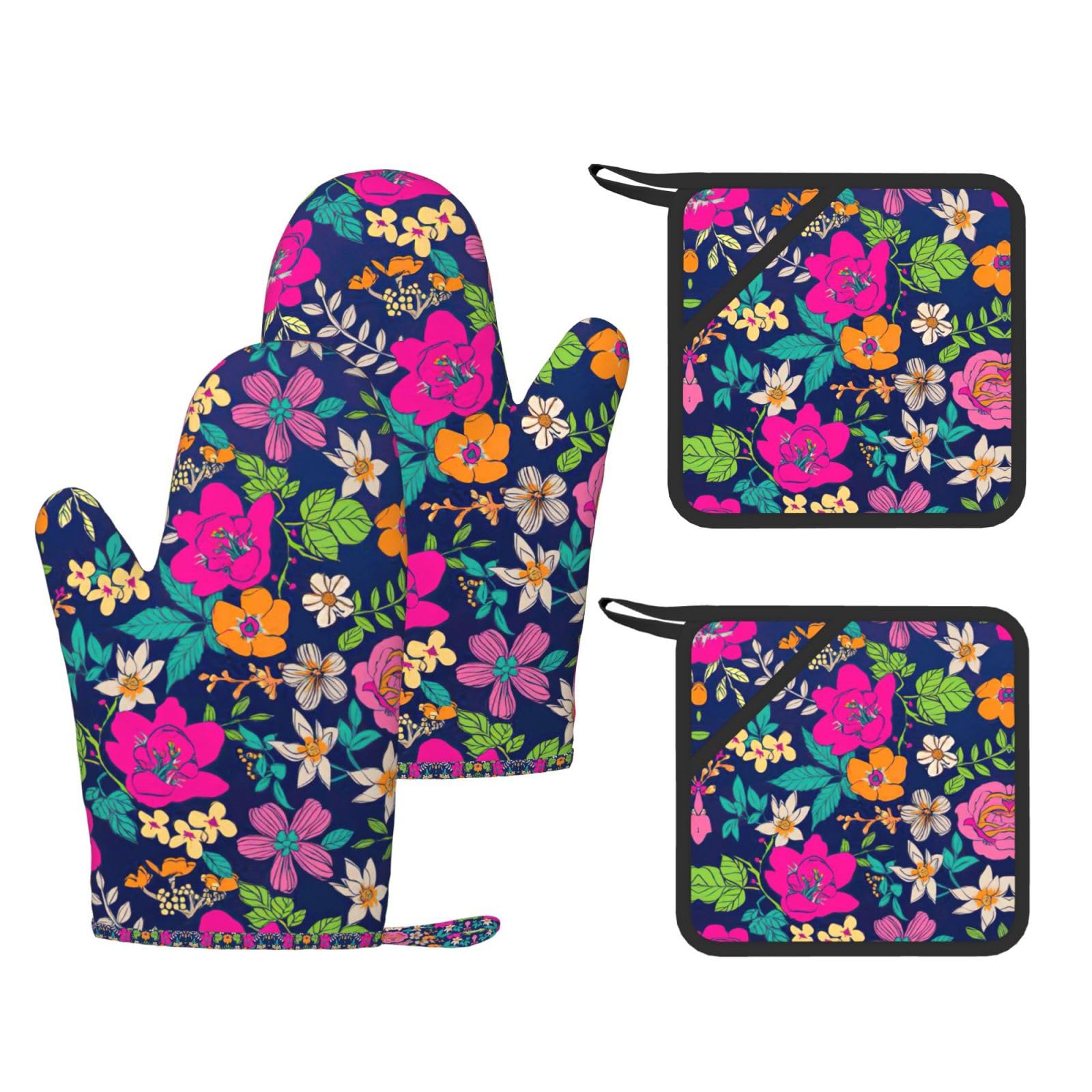 Flowers Printed Cooking Mitts and Pot Holders 4 Pcs, Heat Resistant Oven Gloves with Hanging Loop Chef
