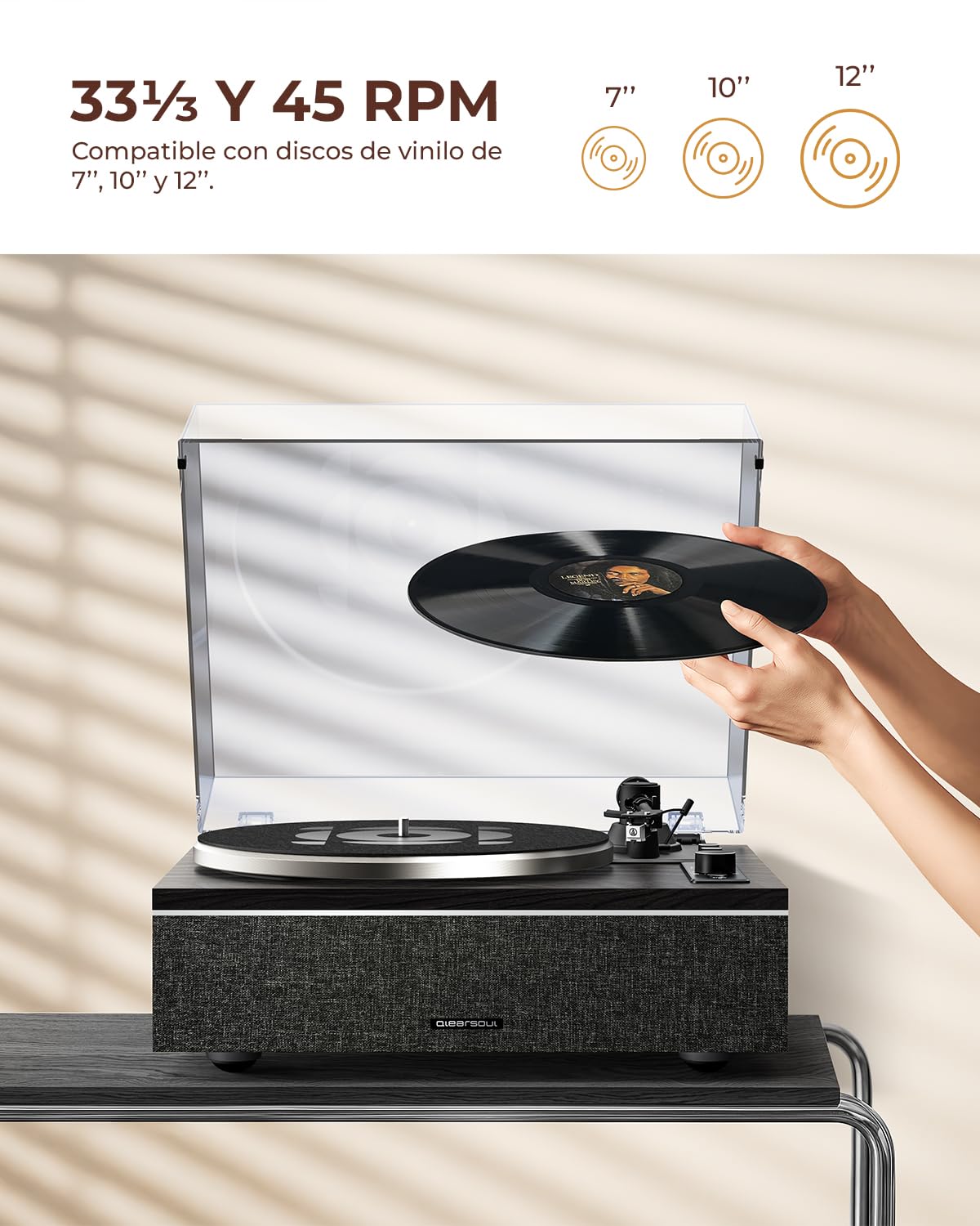 Tocadiscos de Vinilo Qlearsoul One-S Todo-en-Uno con Altavoces Integrados y DSP, Tocadiscos Vintage Bluetooth Entrada/Salida, Preamplificador Phono, Aguja AT-3600L, 33/45 RPM (Negro)