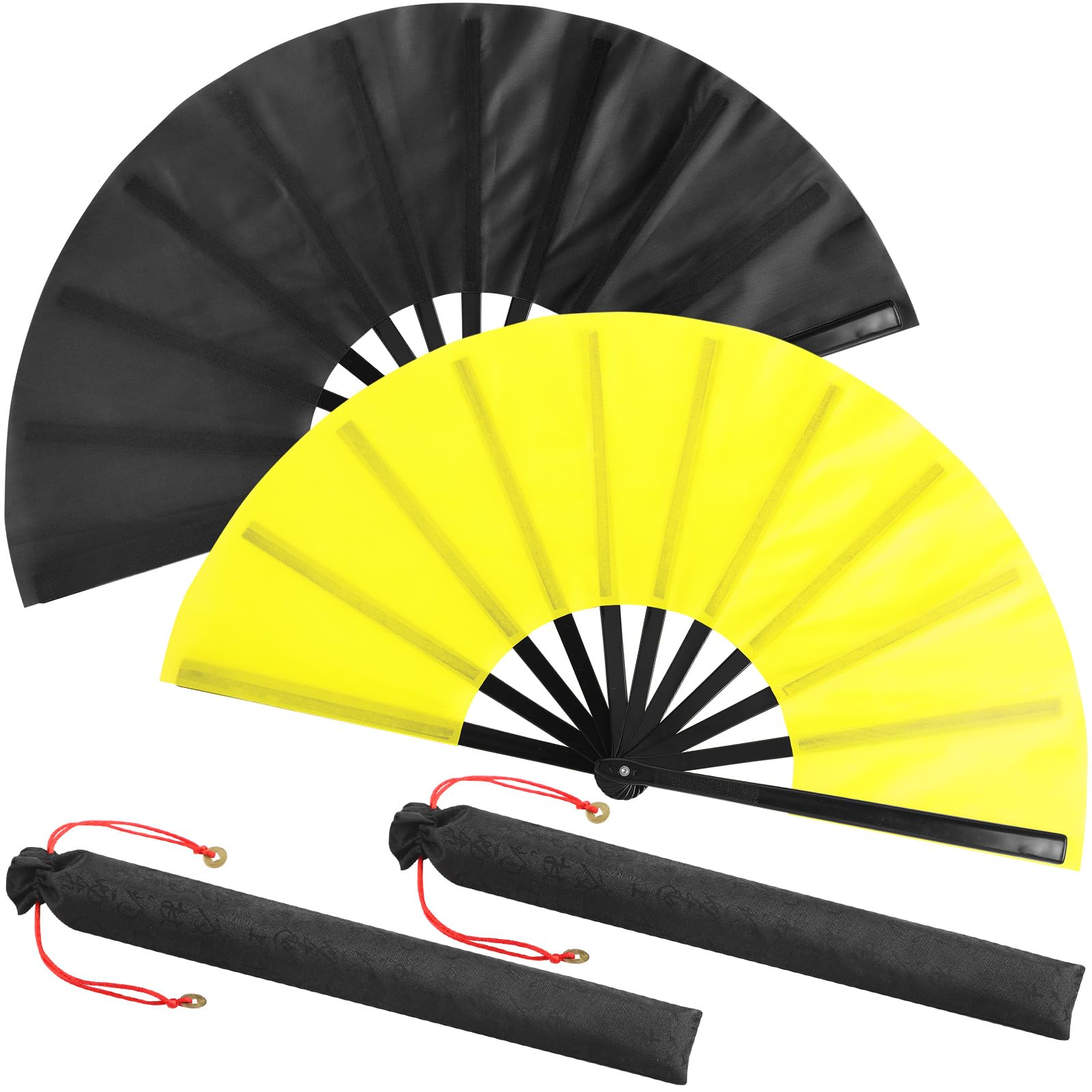 Maitys 2 Packs Large Folding Hand Fans 13'' Chinese Handheld Fan Large Clap Fans for Line Dancing, Tai Chi, Festival, Kung Fu, Martial Art, Gift, Includes 2 Pouch (Black and Yellow) โ image 1