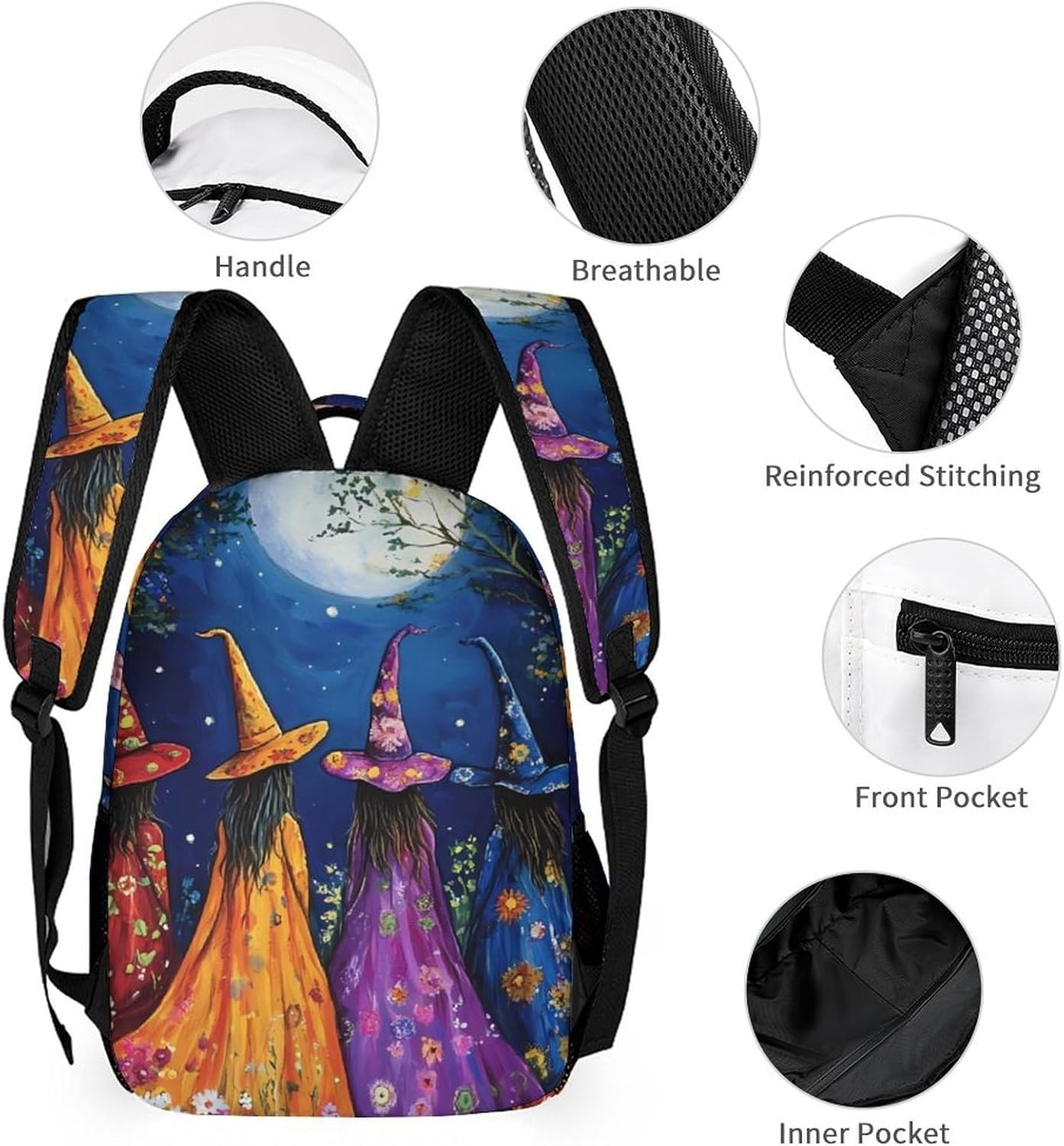 Witches in Moon Travel Backpack Casual Daypack Shoulder Bag with Adjustable Shoulder Straps