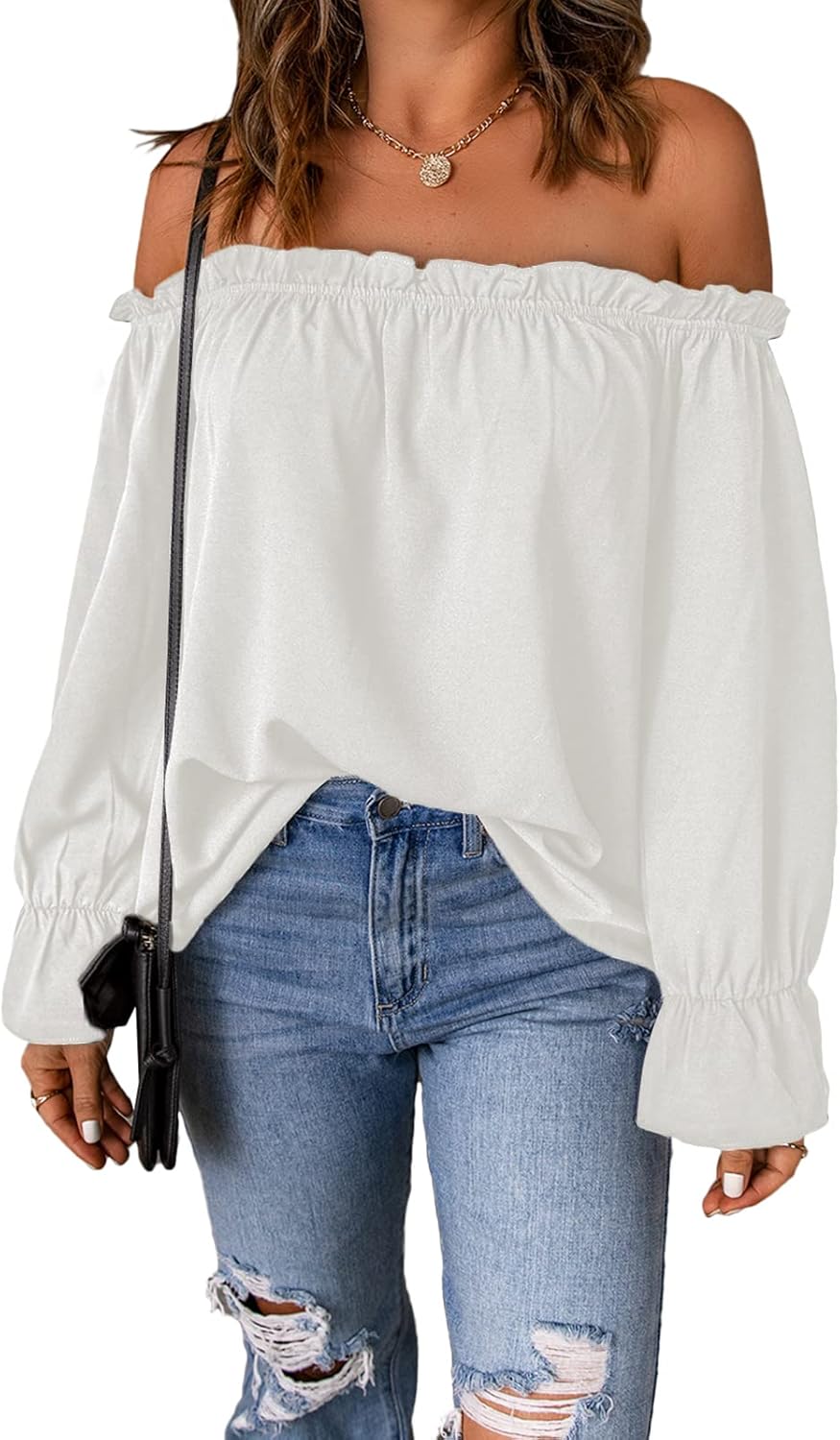 Women's Off Shoulder Top Ruffle Long Sleeve Chiffon Blouse Casual Loose Shirts