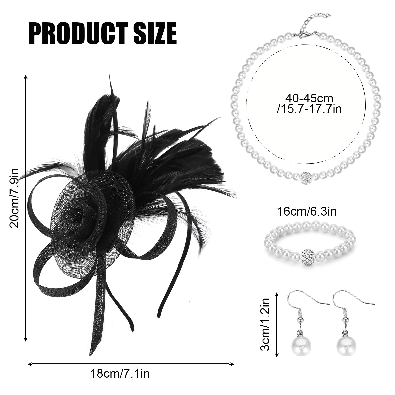 MWOOT Fascinator Opaska, 1920 Kapelusz z Piórami i Kwiatem w Siateczki dla Kobiet, Naszyjnik Bransoletka Kolczyki z Imitacją Perł, Czarny Akcesoria do Włosów na Wesele Koktajl Herbatka