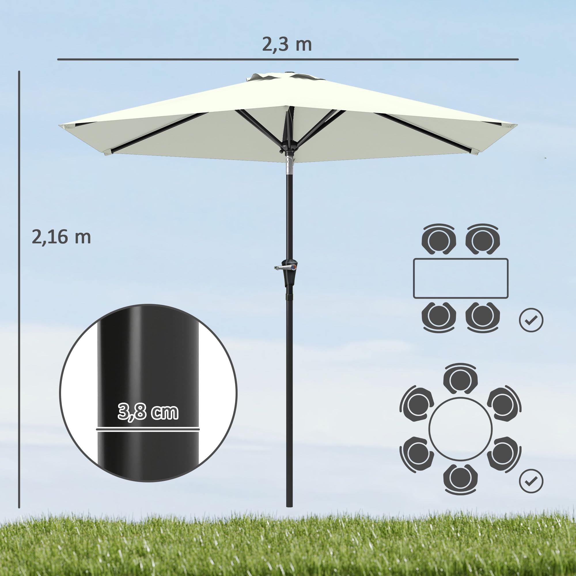 Outsunny Parasol de jardin Parasol droit hexagonal inclinable Ø 2,3 x 2,16H m métal polyester haute densité