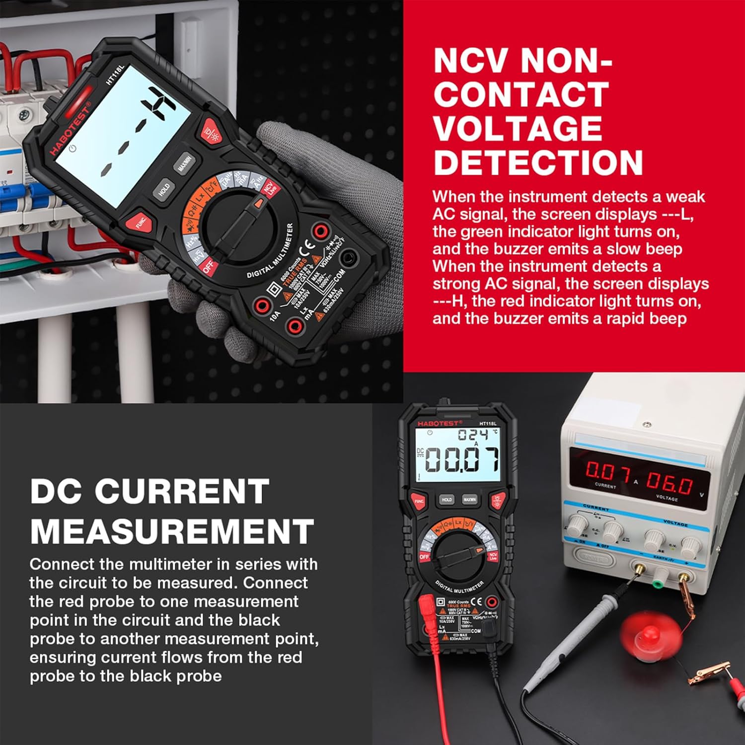 Labeled parts of the HABOTEST HT118L Multimeter