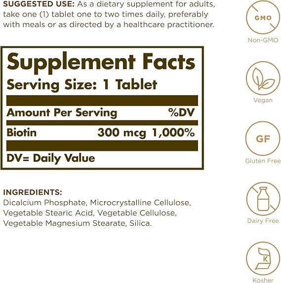 Solgar Biotin 300 mcg - 100 Tablets - Supports Healthy Skin, Nails & Hair - Non-GMO, Vegan, Gluten Free, Dairy Free, Kosherl - 100 Servings