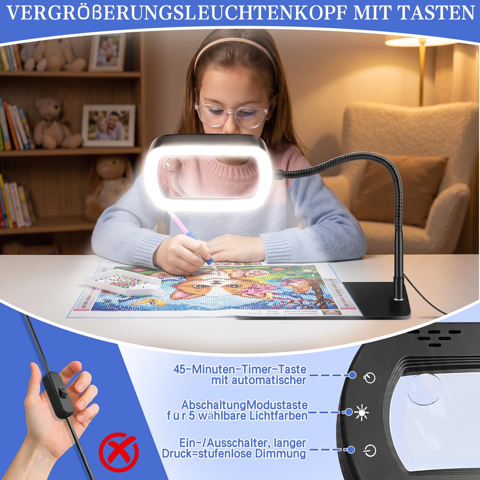 10-fache rechteckige Lupe mit Licht und Ständer & Aluminiumklemme,5 Farbmodi,stufenlos dimmbar,Flexibler Schwanenhals–Diese Lupenlampe ist ideal für Lesen und Diamond Painting