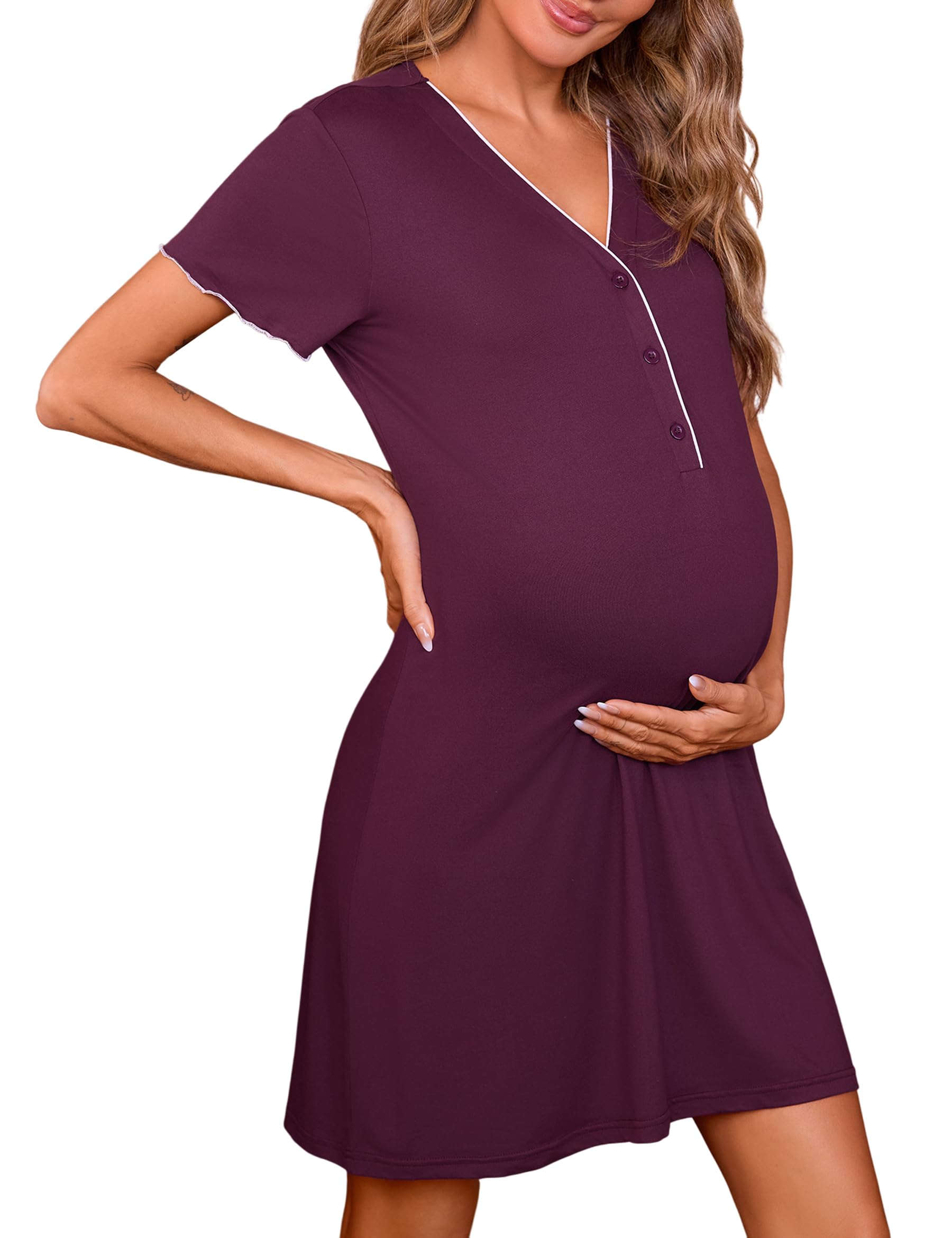 Marvmys Stillnachthemd Damen Nachthemd Kurzarm V Ausschnitt Knopfleiste | Nachthemd Damen als Schlafkleid Kurzarm mit V Ausschnitt weicher Stoff ideal für Sommer und Stillzeit
