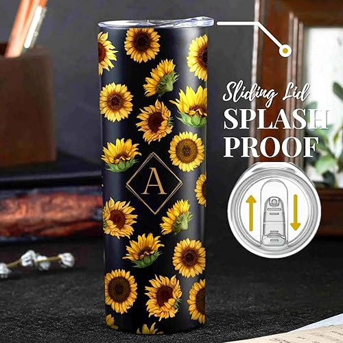 Miniatura 5 de Onebttl Regalos de girasol con inicial para los amantes del girasol, vaso de vino de acero inoxidable con inicial de 20 onzas con diseño de girasol,