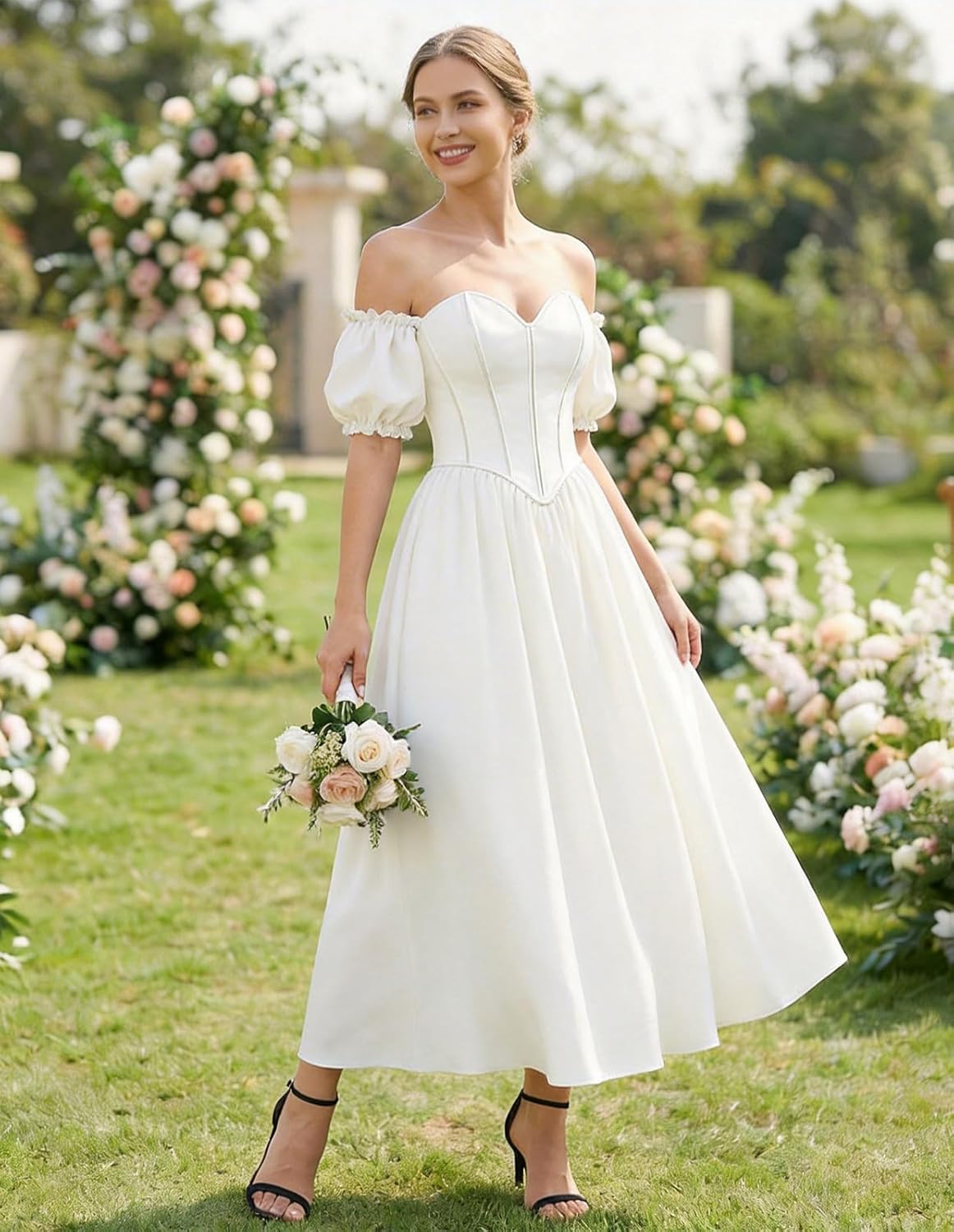 Scarlet Darkness Women Off Shoulder Corset Dress Sweetheart Fishboned Puff Sleeve Renaissance Dress - Image 2