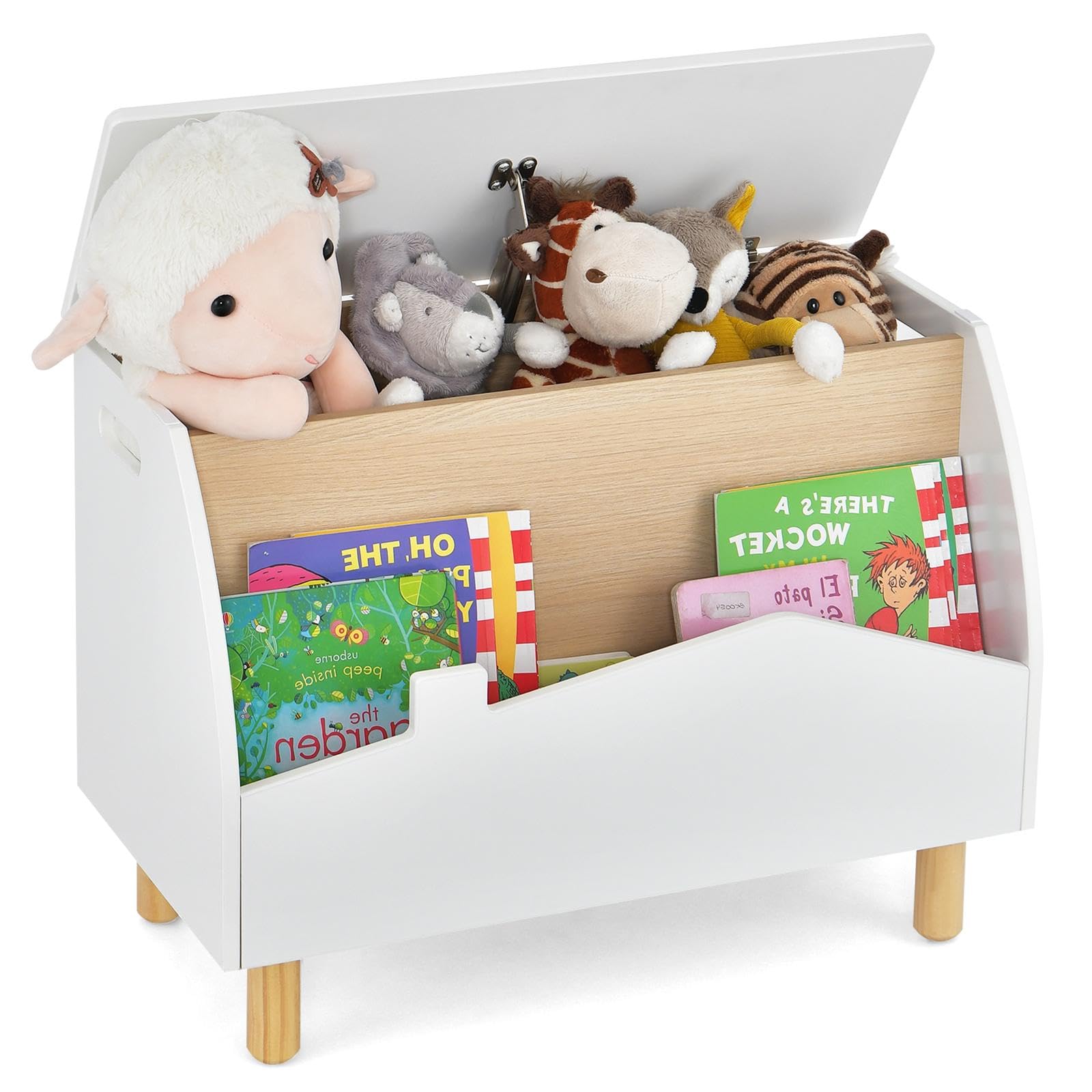 GOPLUS Coffre a Jouets Enfant, Meuble Rangement Jouets Enfant Garçons Filles, avec Pieds en Bois de Pin, Poignées et Charnière de Sécurité, Étagere de Livre pour Chambre d'Enfant (Blanc)