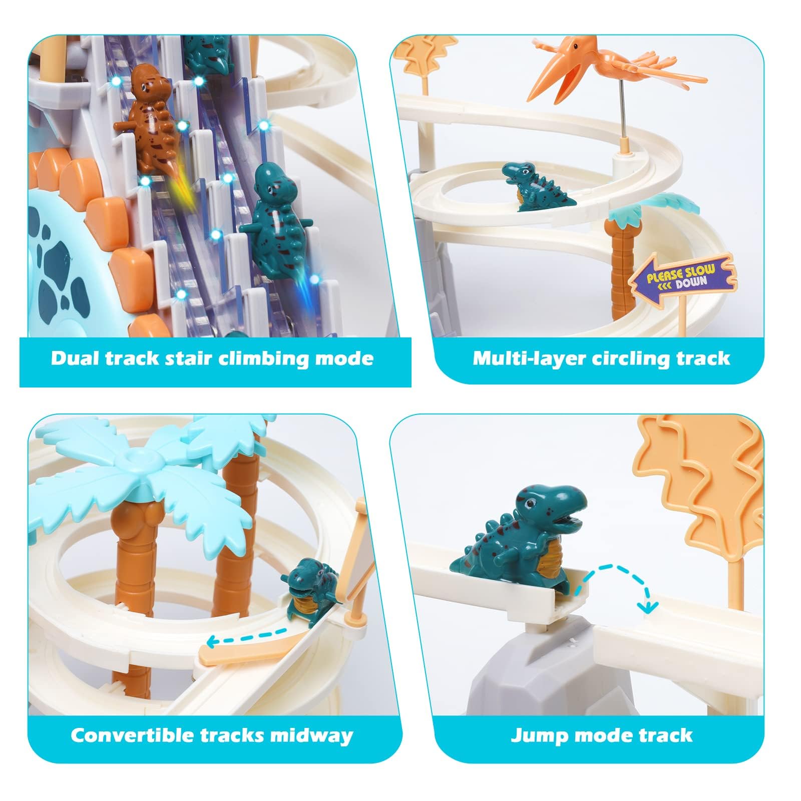Race Track Toys Climbing Stairs Roller Coaster Electric Double Loop Dinosaur Track Slide with Music Flashing LED Lights Music Orbit Chasing Gift for Kids Toddlers Boys Girls - Image 3