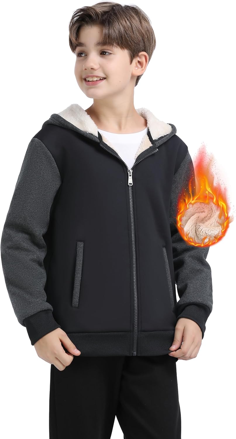 MoFiz Kids Sherpa Lined Hoodie Fleece Jacket Boys Girls Warm Sweatshirt Full Zip Hooded Soft Winter Coat School Outerwear