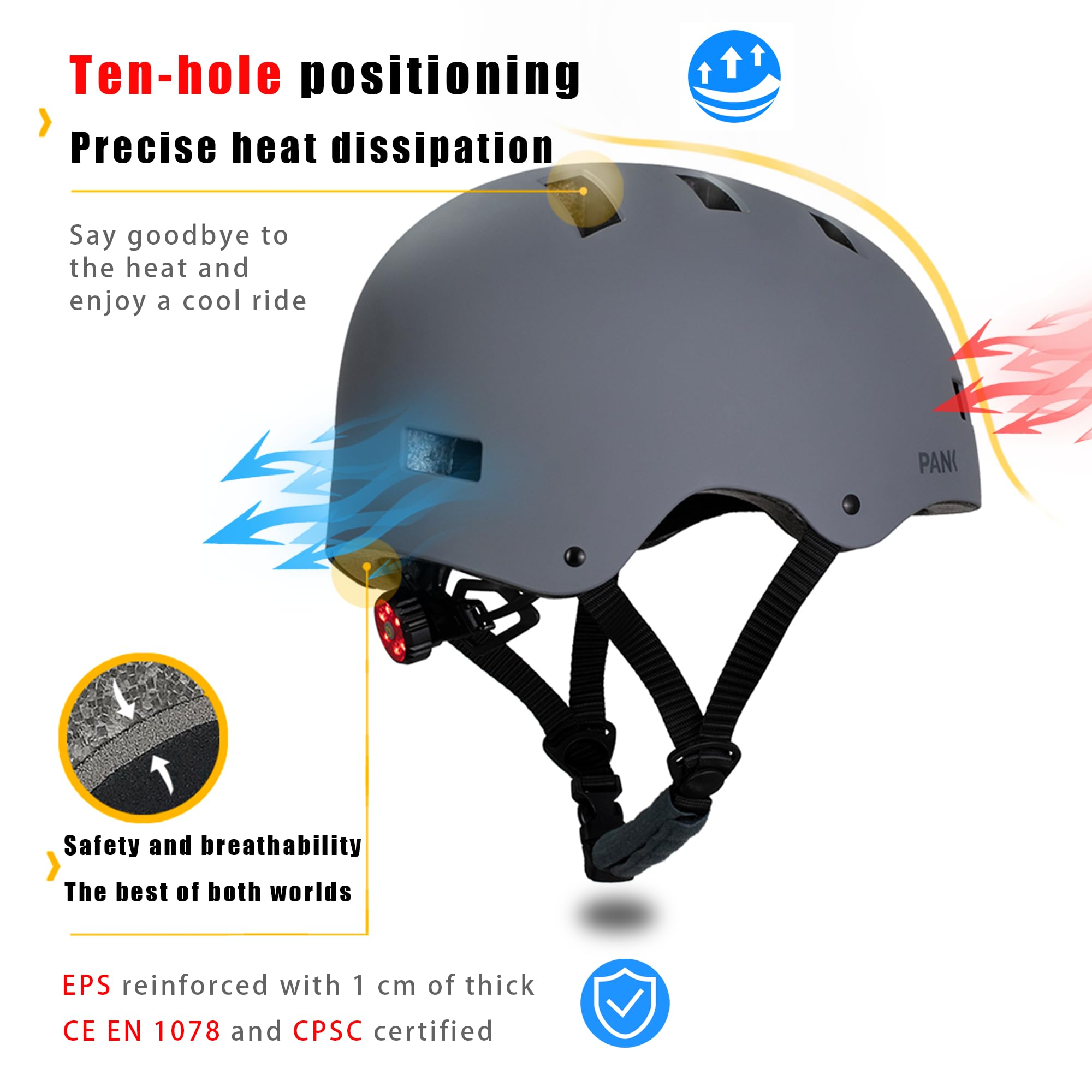 PANK Casque de vélo avec la lumière Casque Trottinette Certifié CE Casque trotinette Electrique pour Homme Femme Adultes, Noir Mat et Gris, M (55-58 cm) & L (59-62 cm)