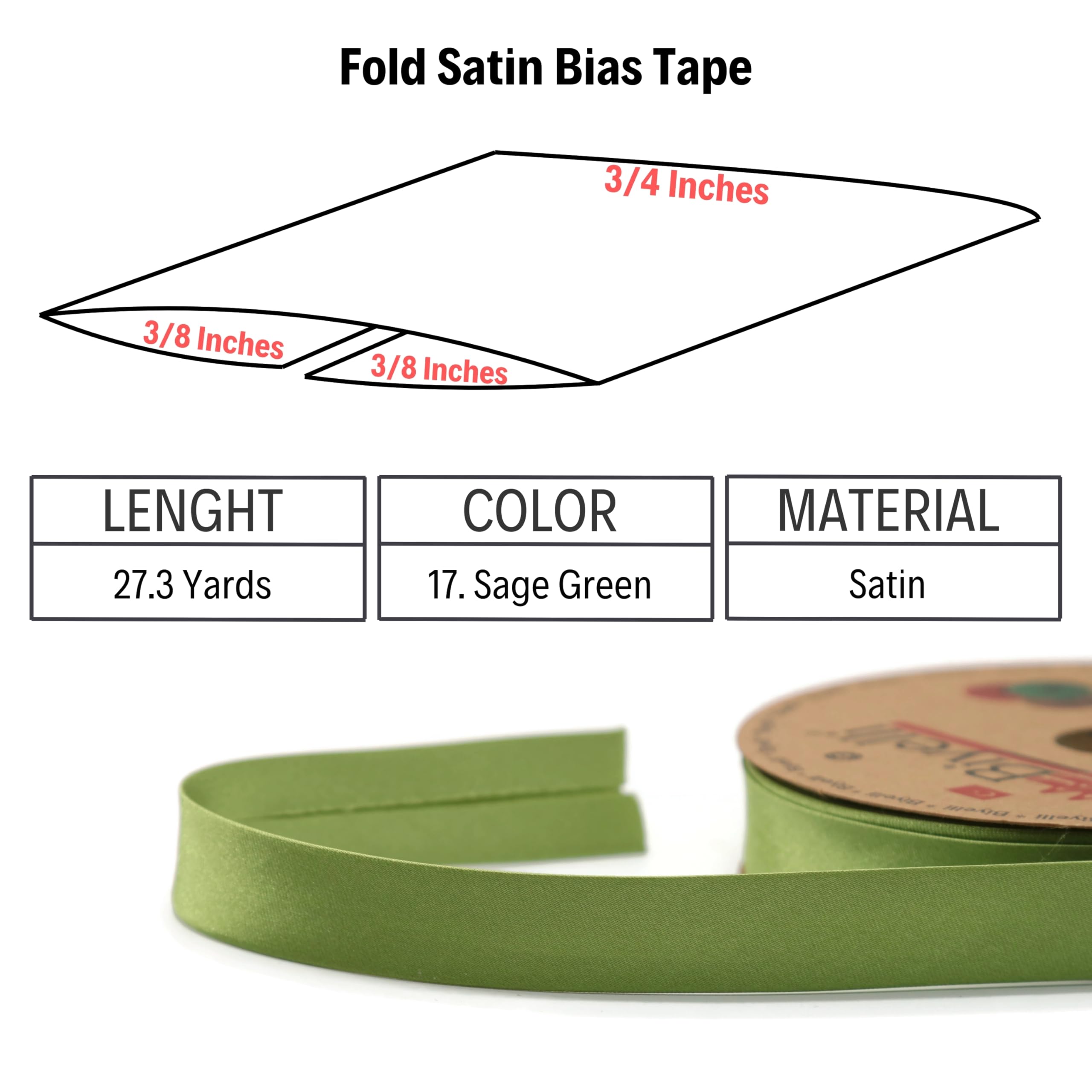 Cinta al bies de satén plegable, más de 99 colores, 3/4 pulgadas de ancho, 27 yardas, cinta de satén plegable para coser ropa, bricolaje (17 verde salvia)