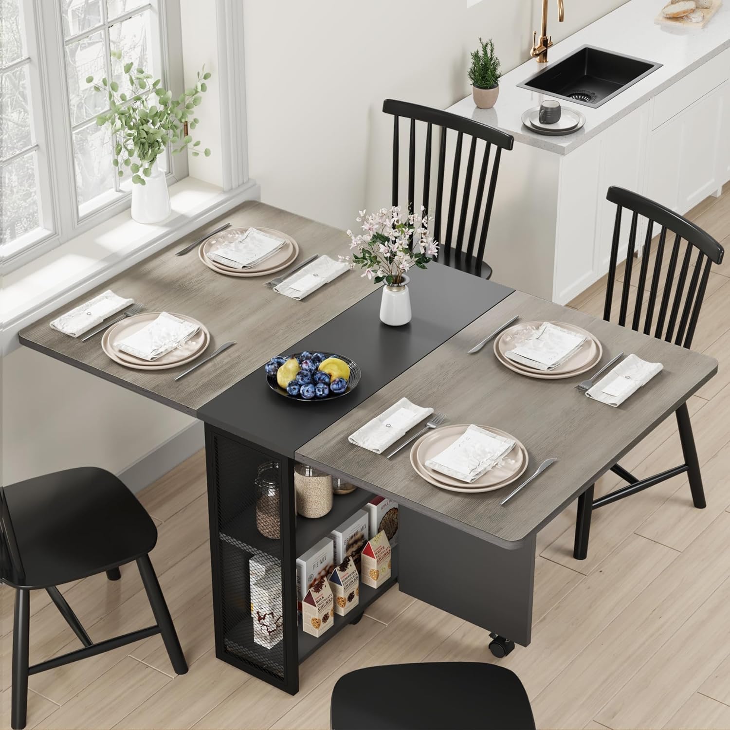 IDEALHOUSE Folding Dining Table, Drop Leaf Dining Table with 6 Wheels and 2-Layer Storage Shelf, Space Saving Dining Table for Small Spaces (Carlo Grey, 50.1" D x 31.4" W x 29.5" H) Carlo Grey 50.1"D x 31.4"W x 29.5"H image 4 of 7 B0DSW7KVNK