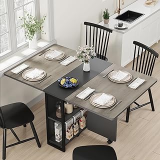 IDEALHOUSE FoldingTable, Drop Leaf Dining Table with 6 Wheels and 2-Laye...
