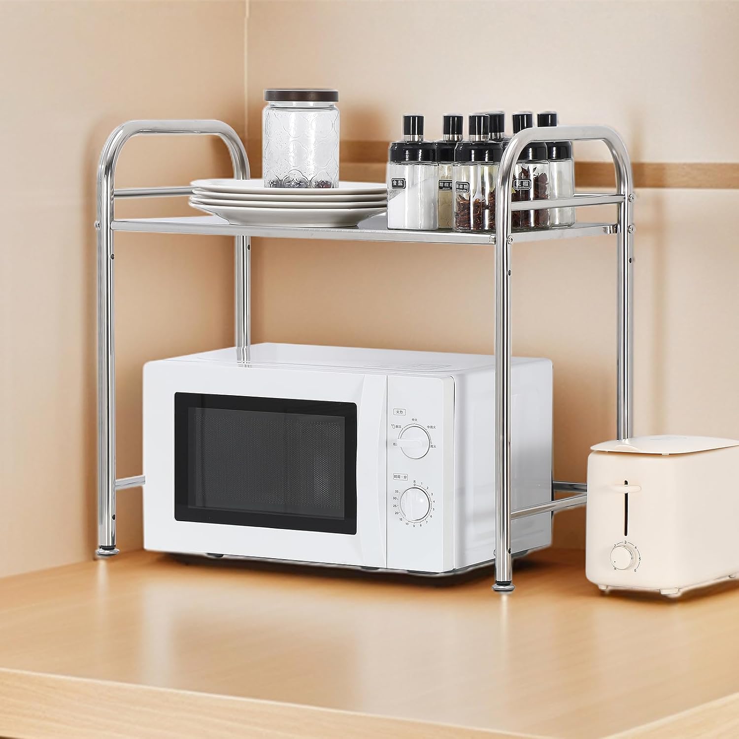 Microwave Ovens Rack Width 60 × Depth 34.5 × Height 56 cm Stainless Steel Kitchen Rack Storage Shelf Space-Saving Kitchen Organization Multi-Purpose Compatible Easy Assembly