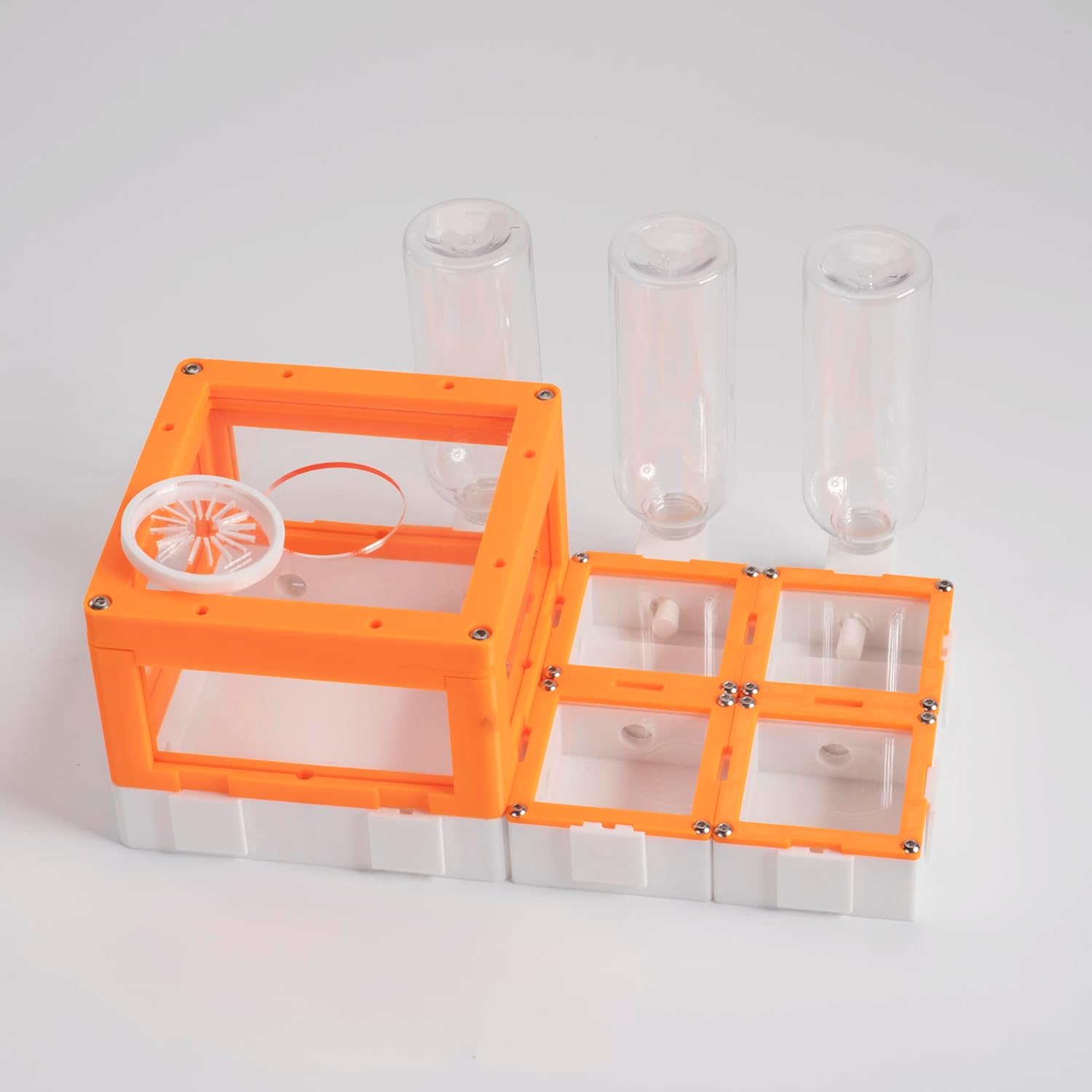 Ant Farm Observation Nest with Feeding Bottles, Orange and Clear Acrylic Frame, Multiple Activity Chambers, Expandable Design