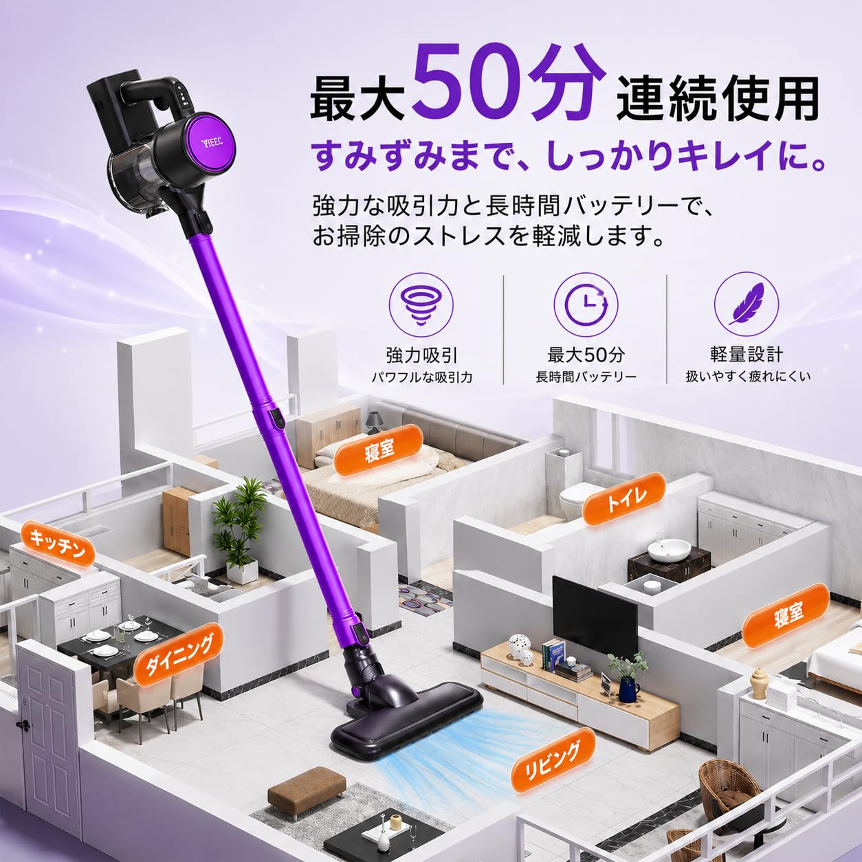 Amazon | コードレス掃除機 45000pa超強力吸引 サイクロン 50分連続