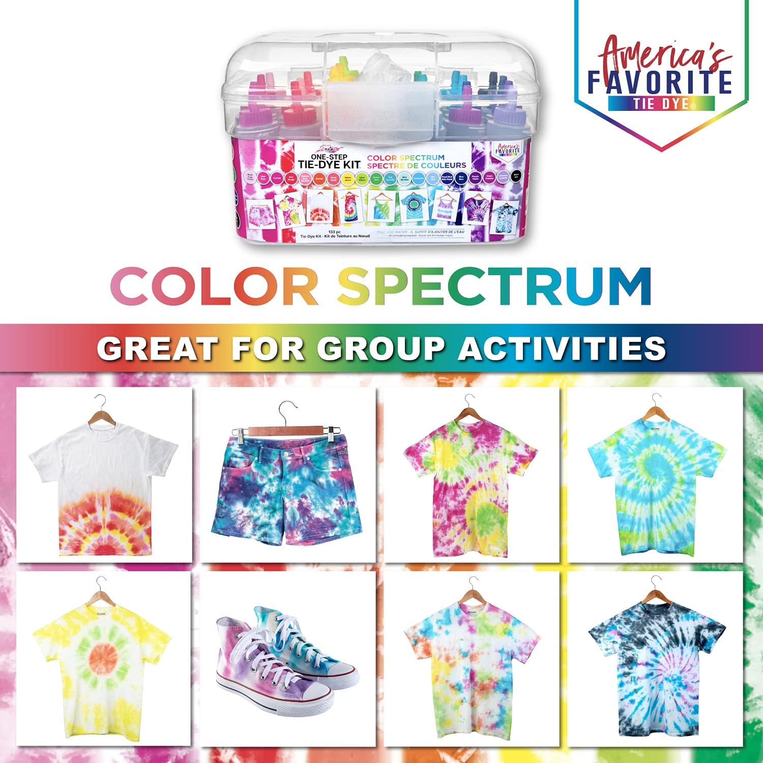 Tulip One-Step Tie-Dye Color Spectrum Tub, 24 Bottles, Rainbow Colors, All-in-One Tie Dye Kit for Large Groups, Permanent on Fabric, Pre-Filled Bottles, Gloves, Instructions