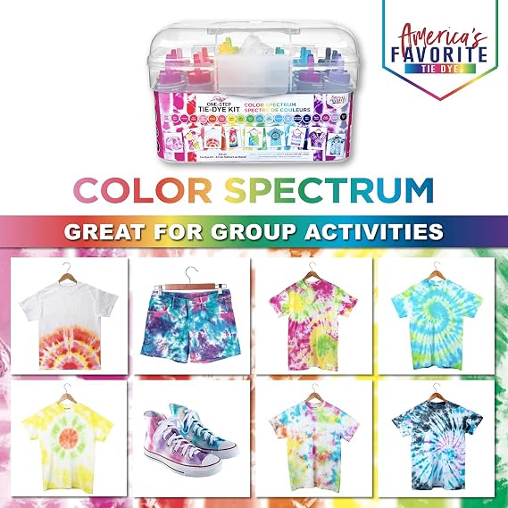 Tulip One-Step Tie-Dye Color Spectrum Tub, 24 Bottles, Rainbow Colors, All-in-One Tie Dye Kit for Large Groups, Permanent on Fabric, Pre-Filled Bottles, Gloves, Instructions