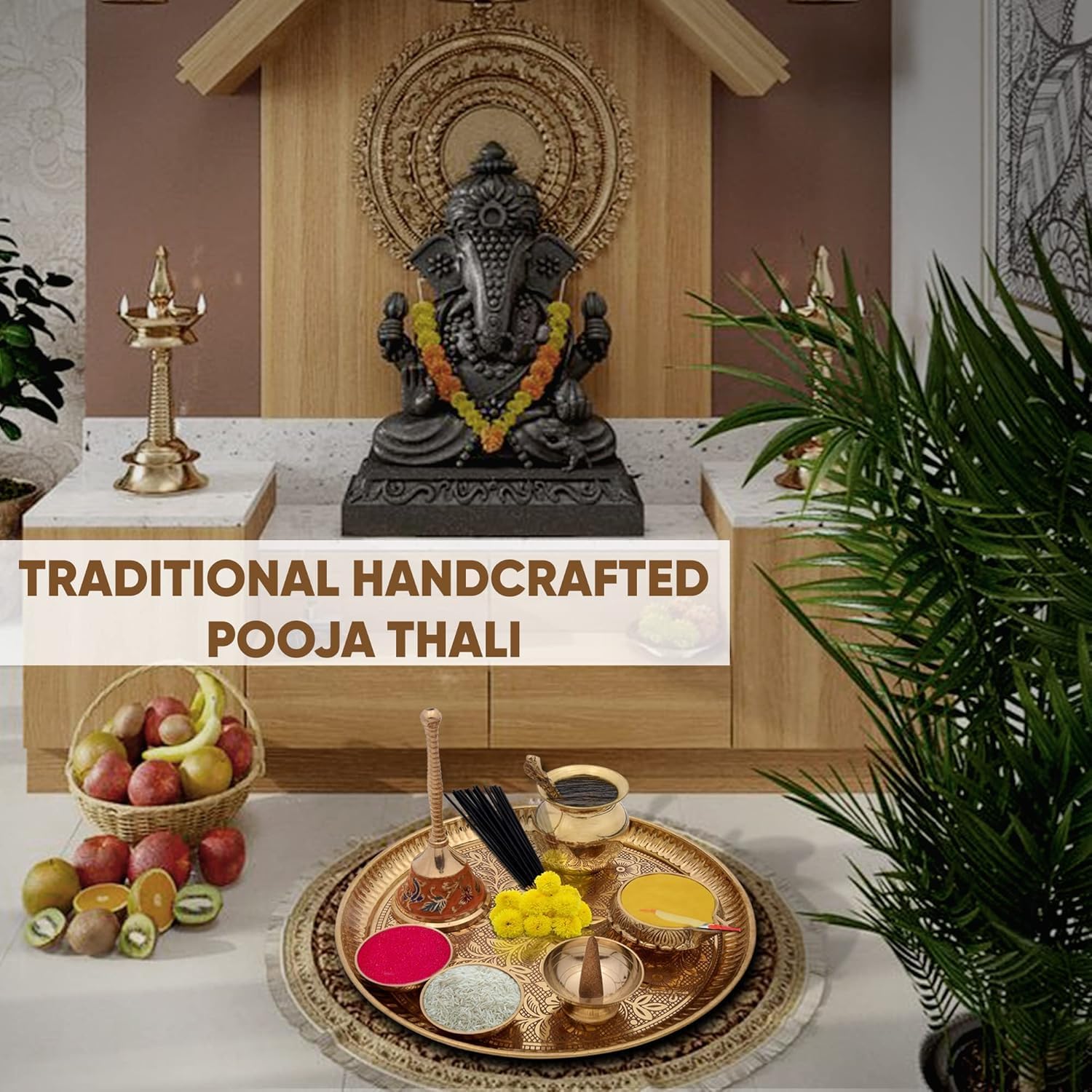 Brass Pooja Items Pooja Thali Set of 8 Pieces Traditional Pital Pooja Articles for Rituals and Ceremonies 9 inch thali