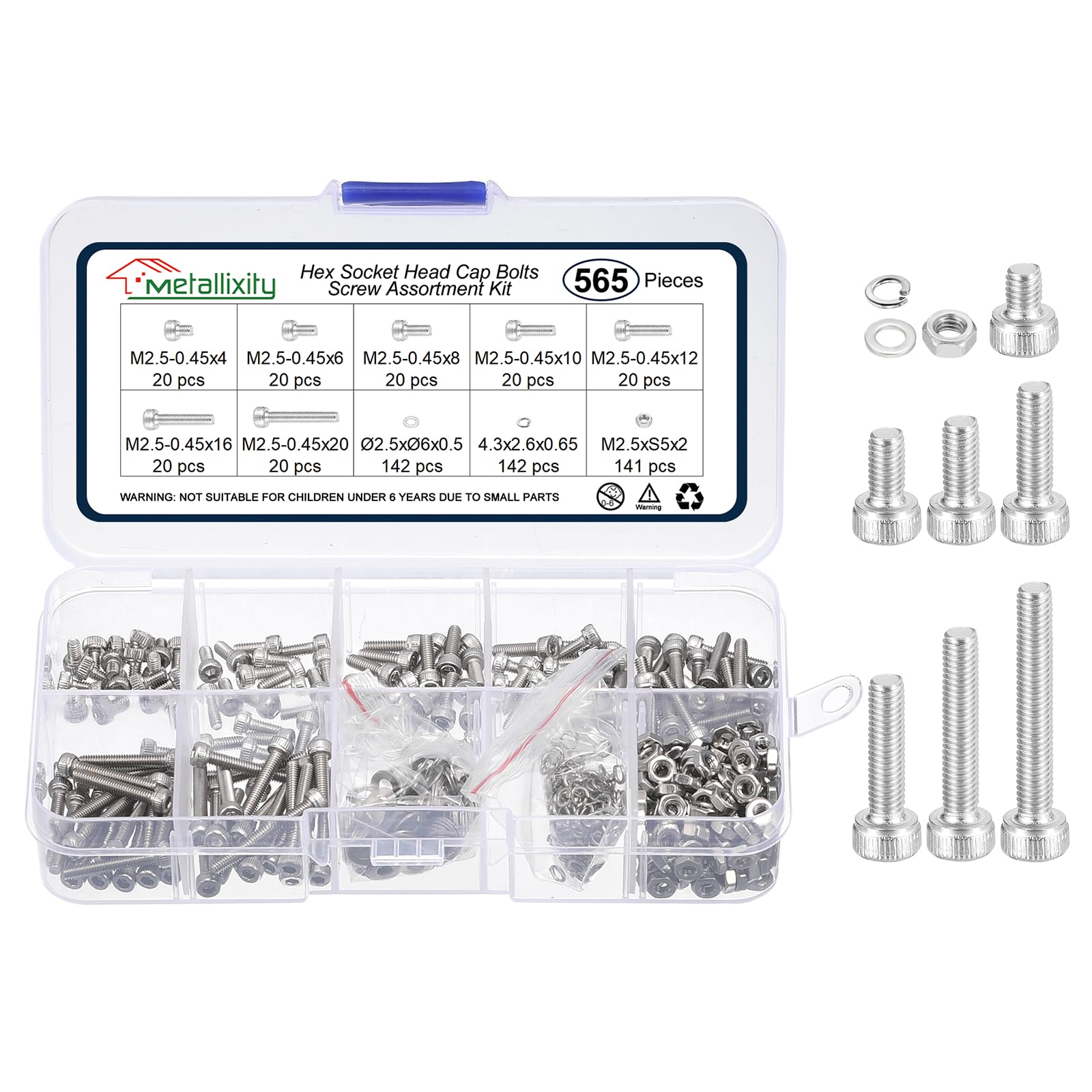 METALLIXITY Socket Head Cap Screws Kit (M2.5x4/6/8/10/12/16/20) 565Pcs, Stainless Steel Allen Socket Drive - Machine Internal Hex Screw, Silver