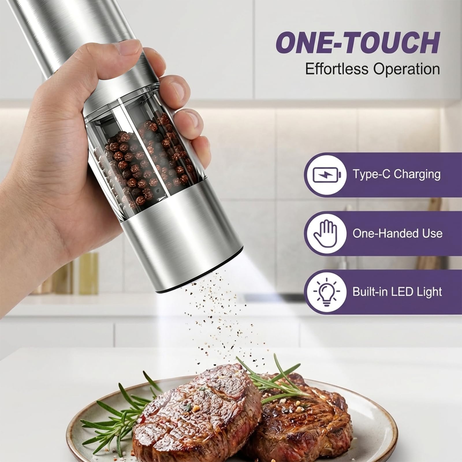 Macinasale e Pepe Elettrico Set – Macinino in Ceramica, Macinatura Regolabile, Luce LED, Ricaricabile USB-C, 2-in-1 Macina Spezie per Cucina & Tavola
