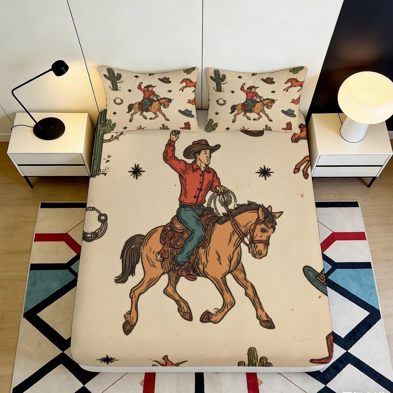3D Printed Cowboy Design Fitted Sheet Microfiber Soft Breathable Western Horse Bed Cover for Bedroom Dormitory Guest Room Mattress Protection 200x200x25cm